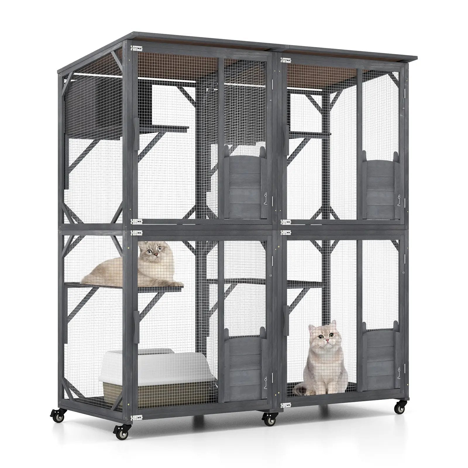 72 Inch Large Wooden Cat House Catio Kitten Enclosure on Wheels with Weatherproof Asphalt Roof-Gray by DirectDeals
