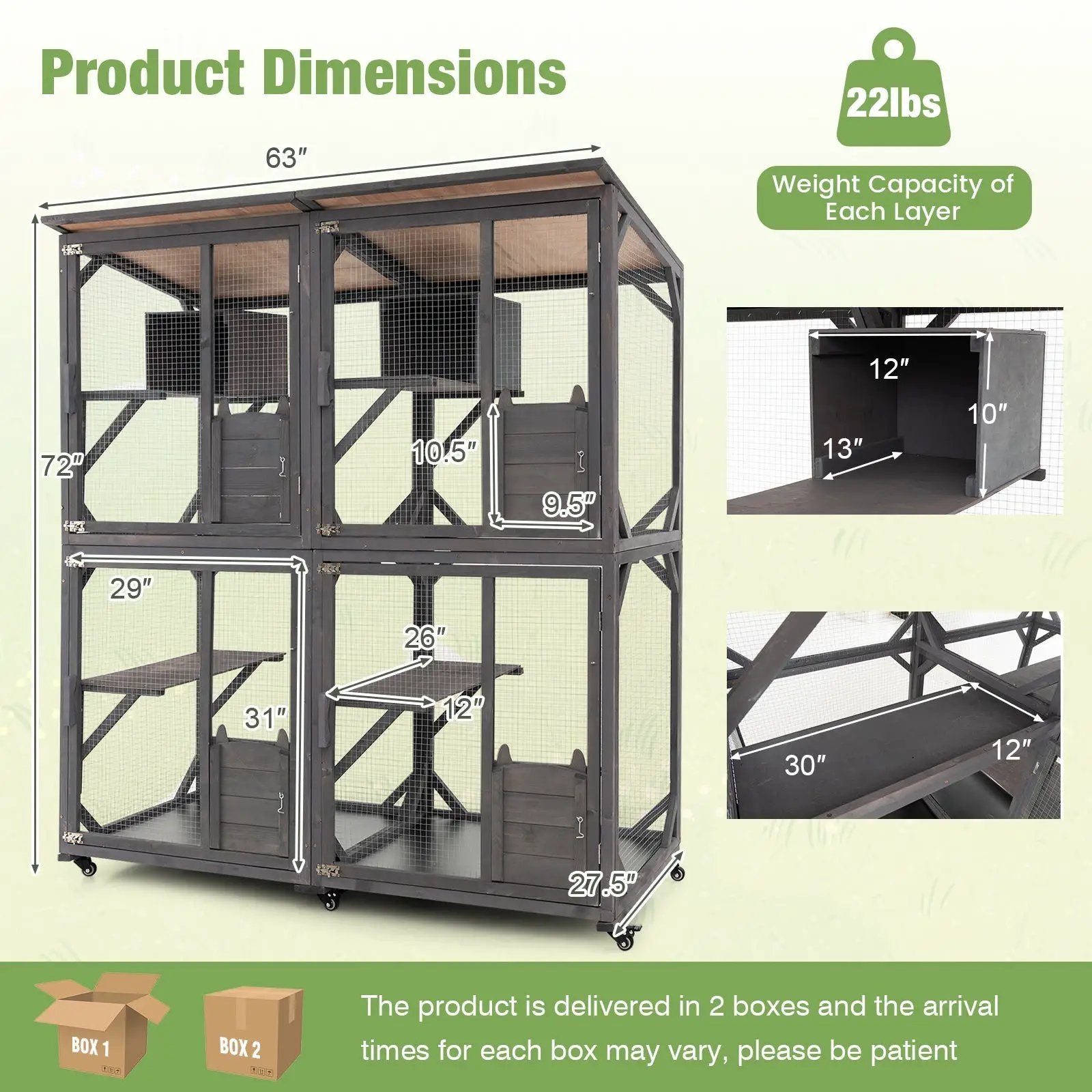 72 Inch Large Wooden Cat House Catio Kitten Enclosure on Wheels with Weatherproof Asphalt Roof-Gray by DirectDeals