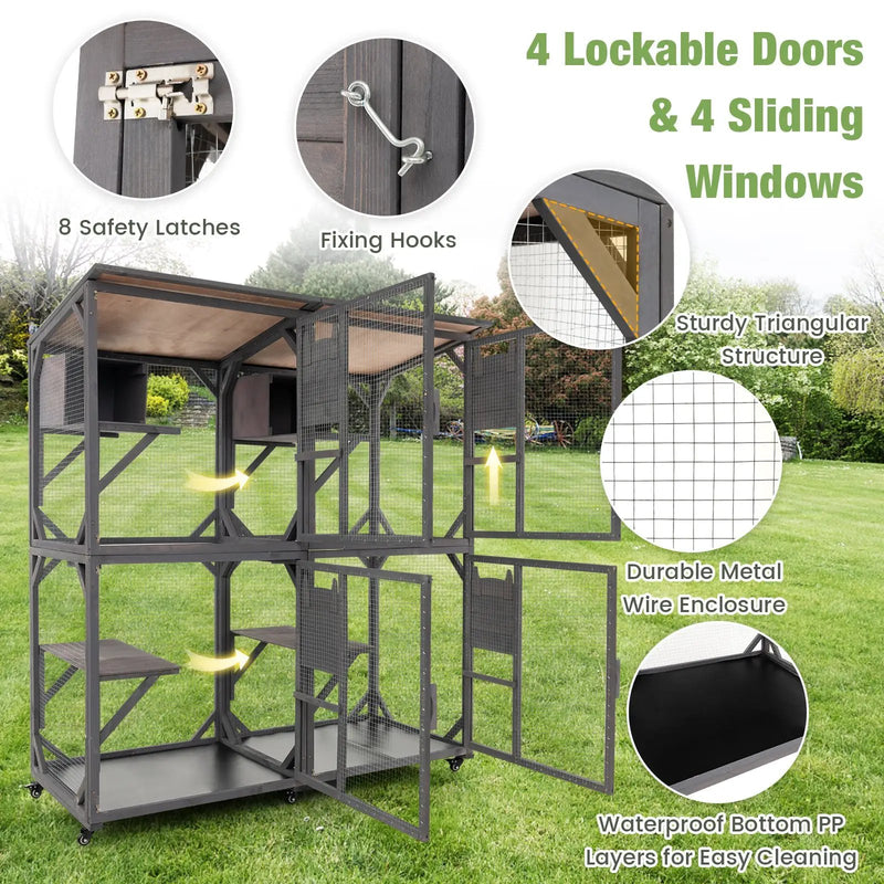 72 Inch Large Wooden Cat House Catio Kitten Enclosure on Wheels with Weatherproof Asphalt Roof-Gray by DirectDeals
