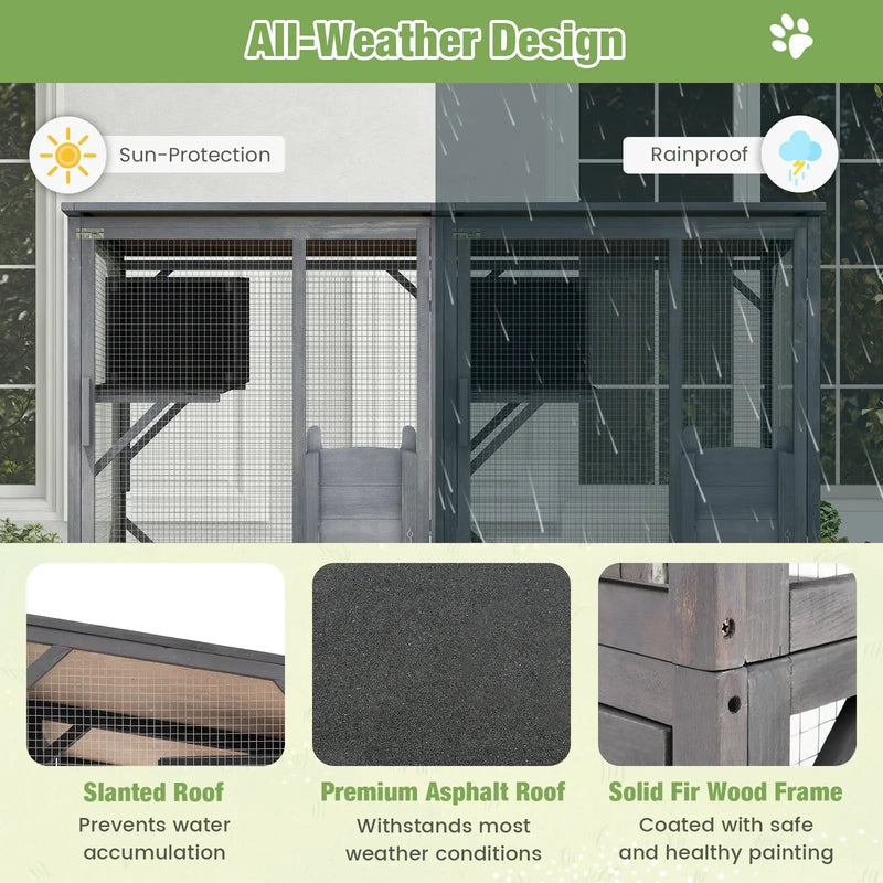 72 Inch Large Wooden Cat House Catio Kitten Enclosure on Wheels with Weatherproof Asphalt Roof-Gray by DirectDeals