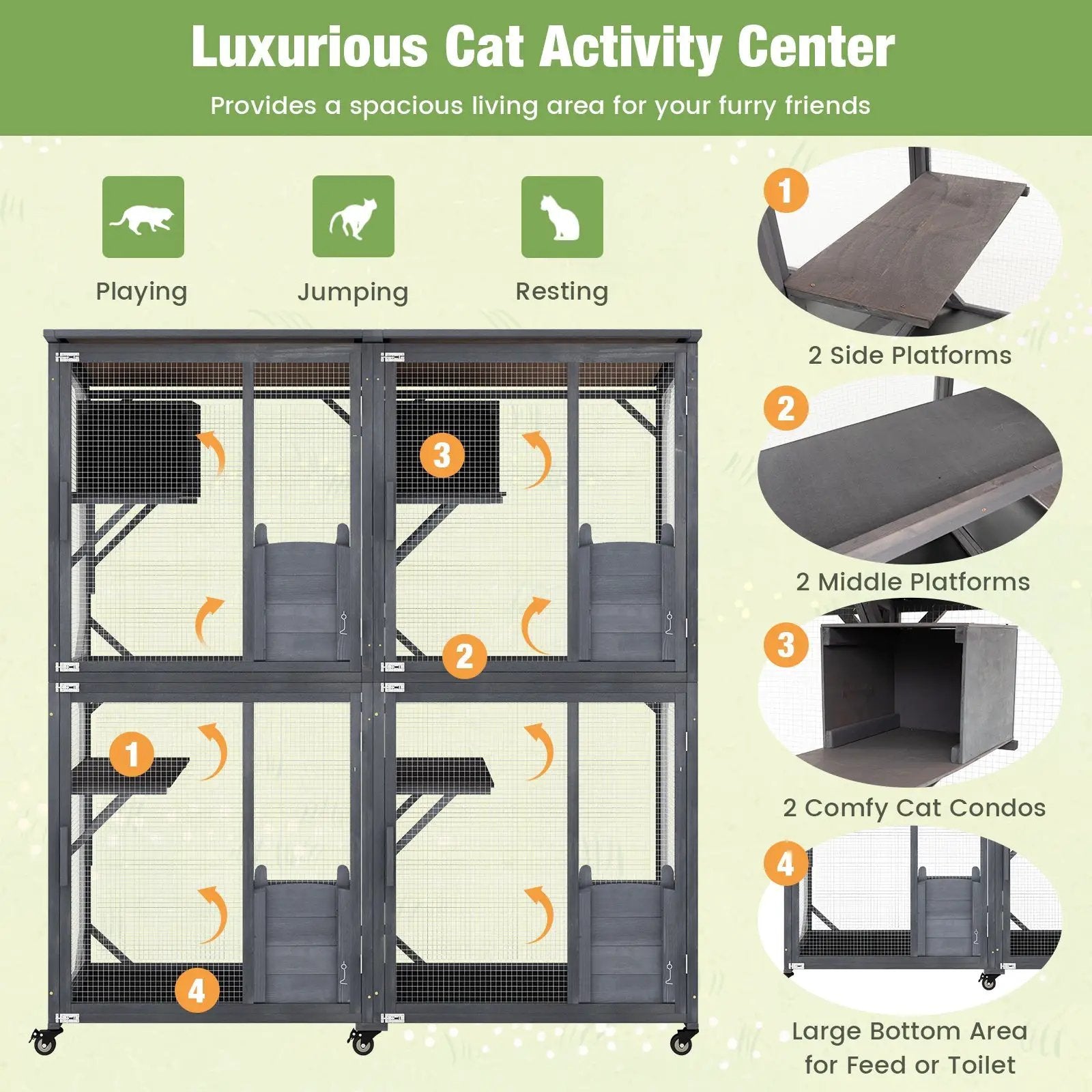 72 Inch Large Wooden Cat House Catio Kitten Enclosure on Wheels with Weatherproof Asphalt Roof-Gray by DirectDeals