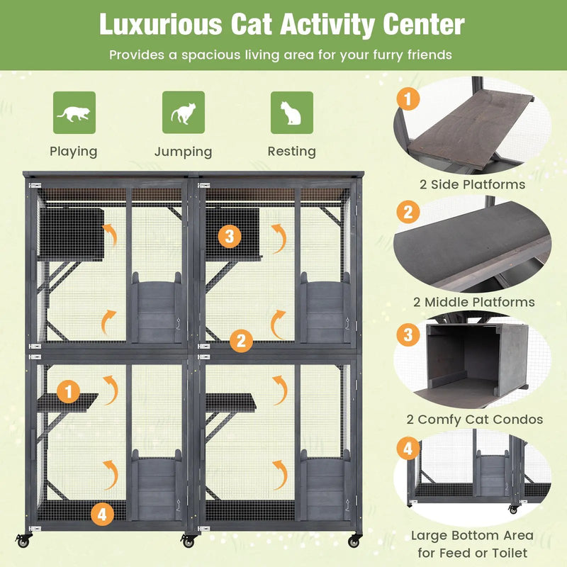 72 Inch Large Wooden Cat House Catio Kitten Enclosure on Wheels with Weatherproof Asphalt Roof-Gray by DirectDeals