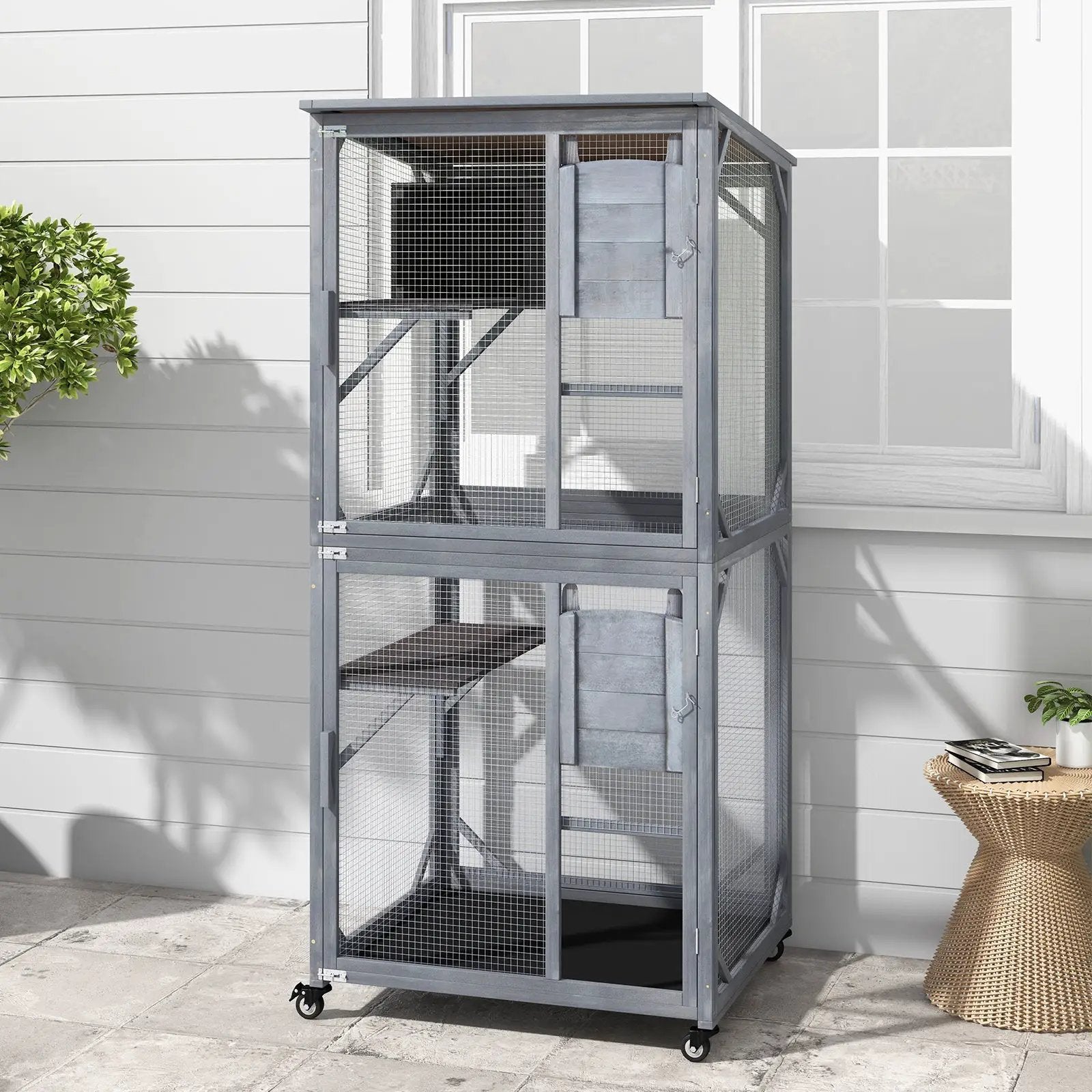 72 Inch TallWooden Cat House with Weatherproof Asphalt Roof-Gray by DirectDeals
