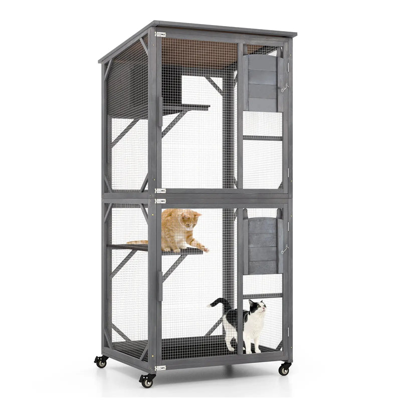 72 Inch TallWooden Cat House with Weatherproof Asphalt Roof-Gray by DirectDeals