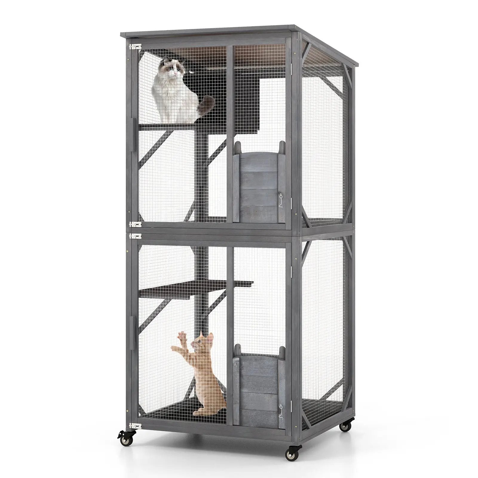 72 Inch TallWooden Cat House with Weatherproof Asphalt Roof-Gray by DirectDeals