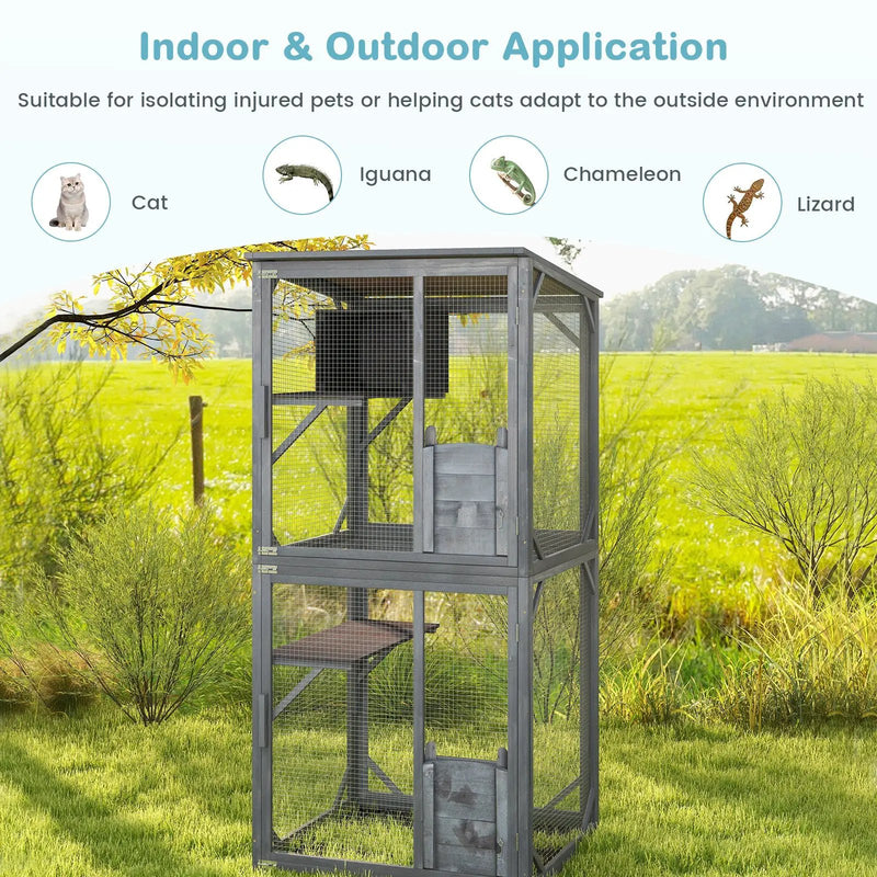 72 Inch TallWooden Cat House with Weatherproof Asphalt Roof-Gray by DirectDeals