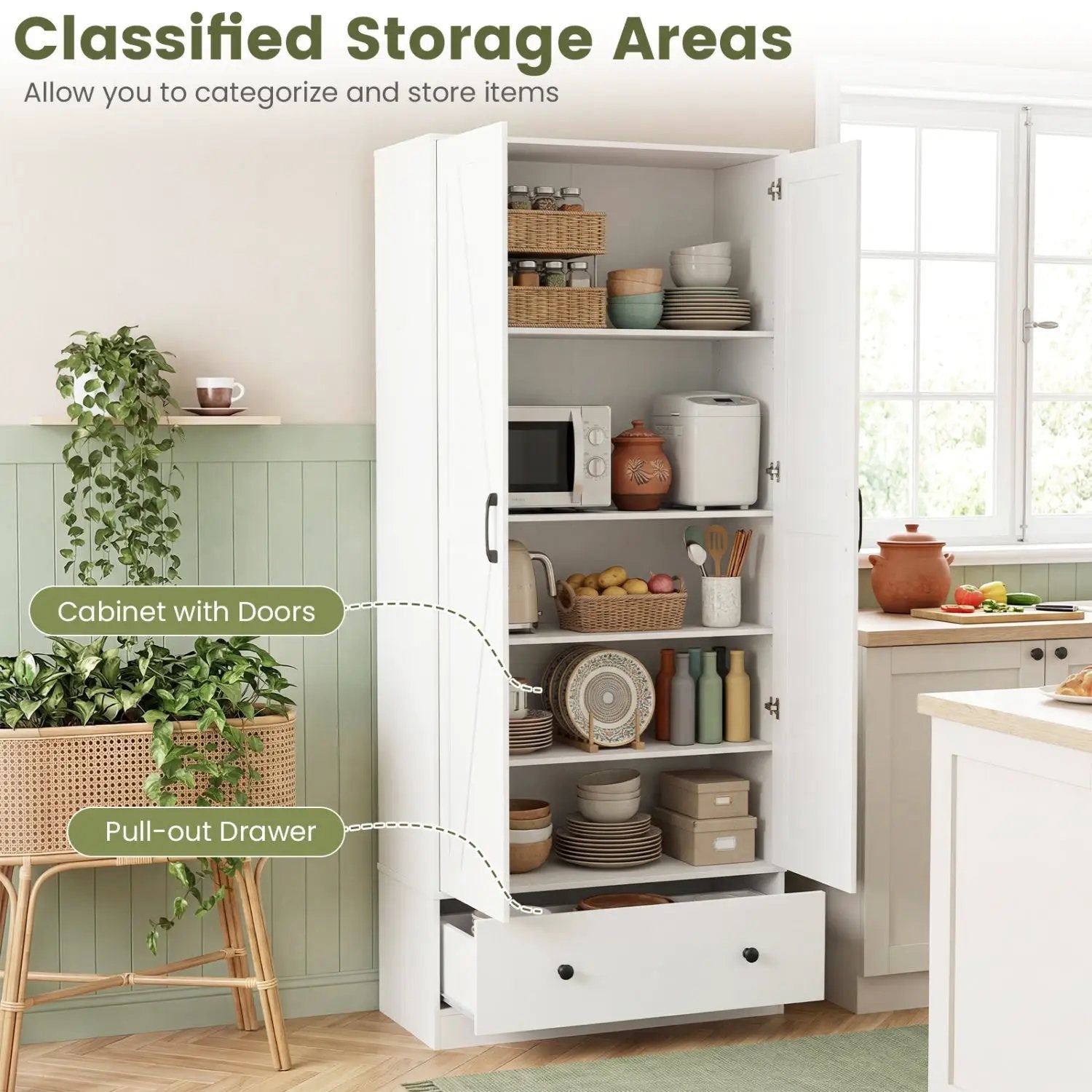 72 Inch Tall Kitchen Pantry Cabinet Farmhouse Wooden Cupboard with 2 Doors by DirectDeals