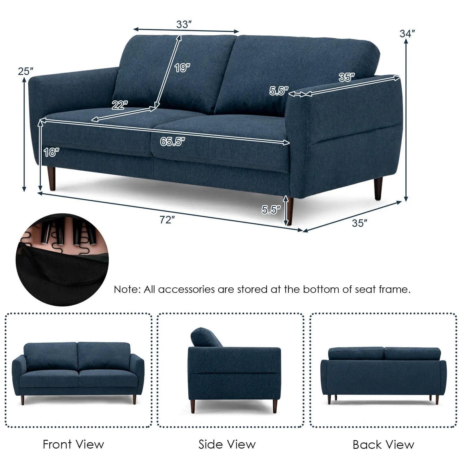 72 Inch Small Fabric Loveseat Sofa Couch with Wood Legs by DirectDeals