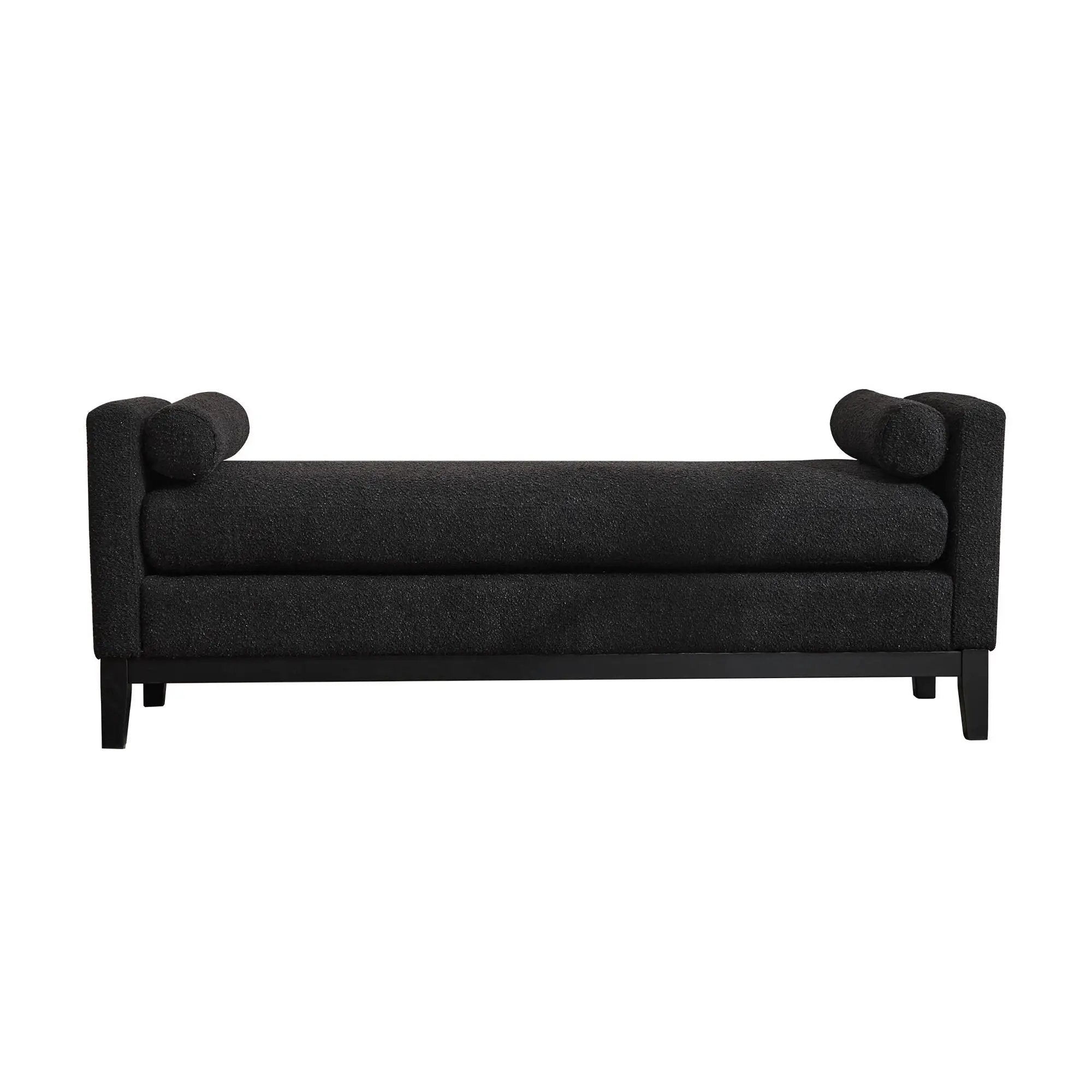 Elegant Upholstered Bench, Daybed, Ottoman With Wood Legs & 2 Bolster Pillows - Black Boucle by HouseOfZazla