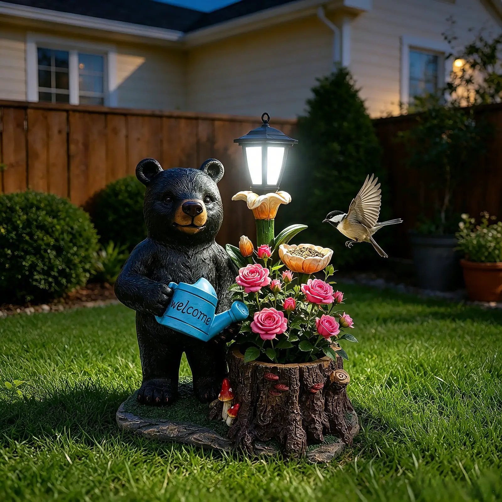 Standing Black Bear Garden Planter with Decorative Solar Lantern by HouseOfZazla