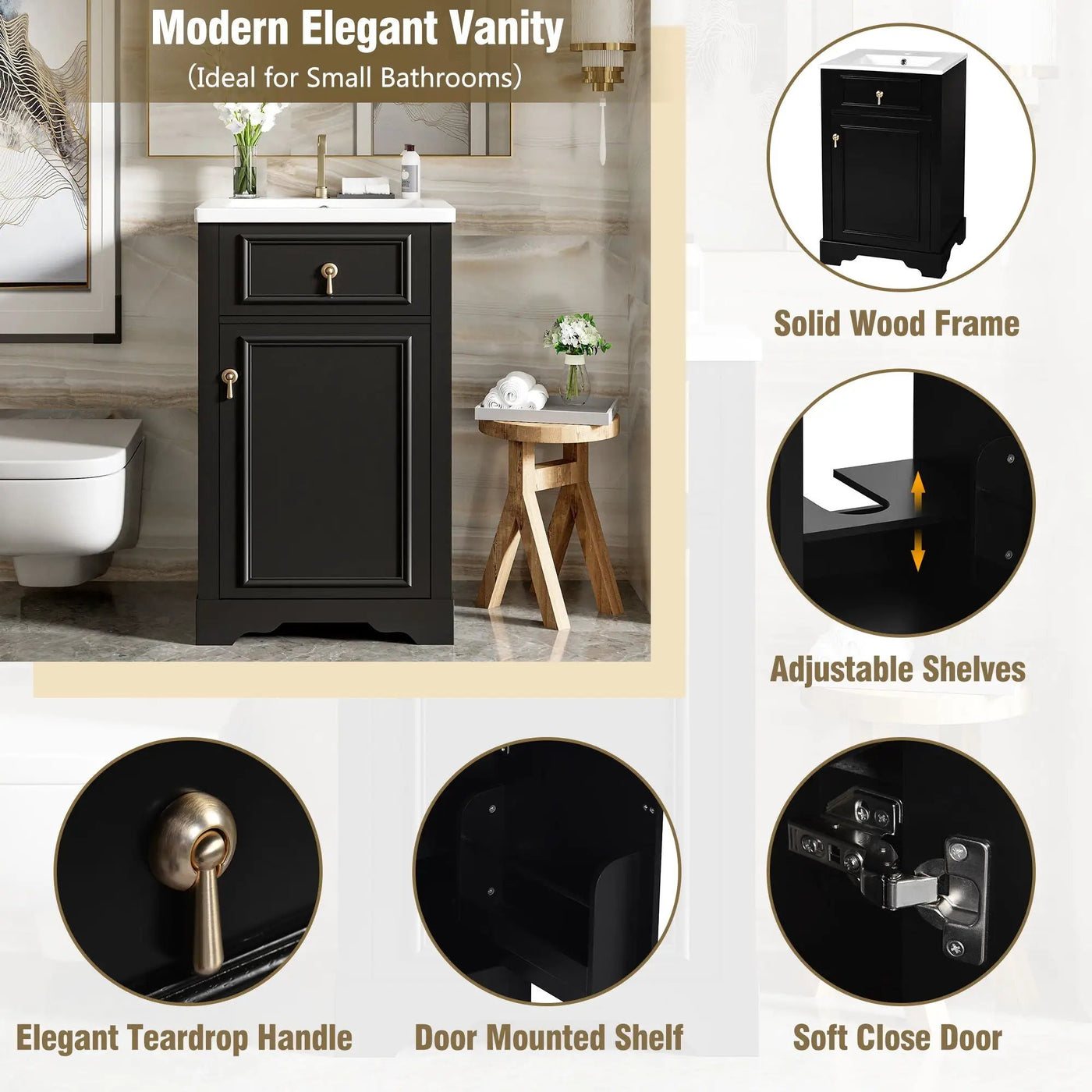 Elegant Bathroom Vanity With Ceramic Sink, Soft Close Door, Adjustable Shelf by HouseOfZazla