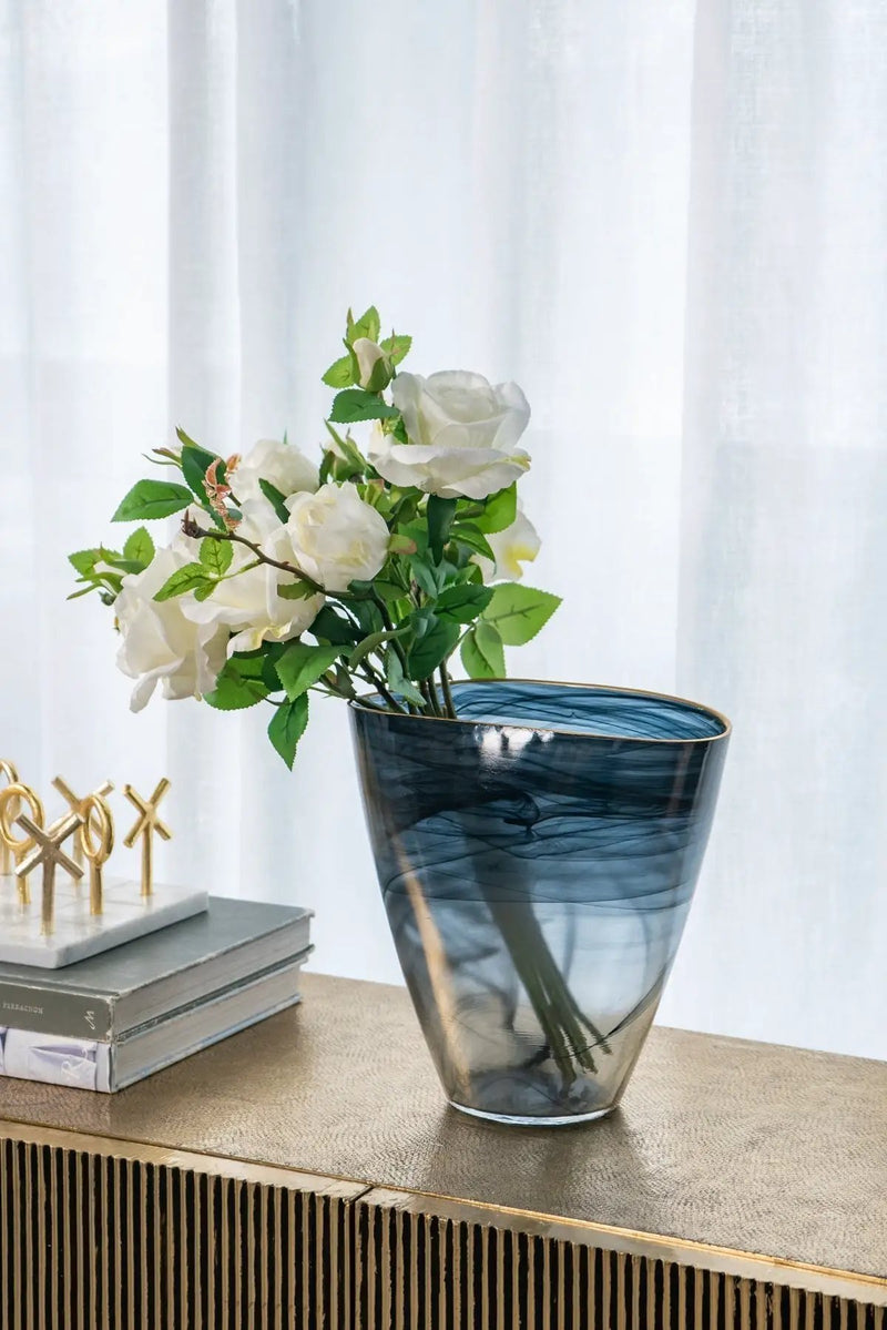9.3x4.7x9.3' Smokey Black Glass Vase with Gold Rim by HouseOfZazla