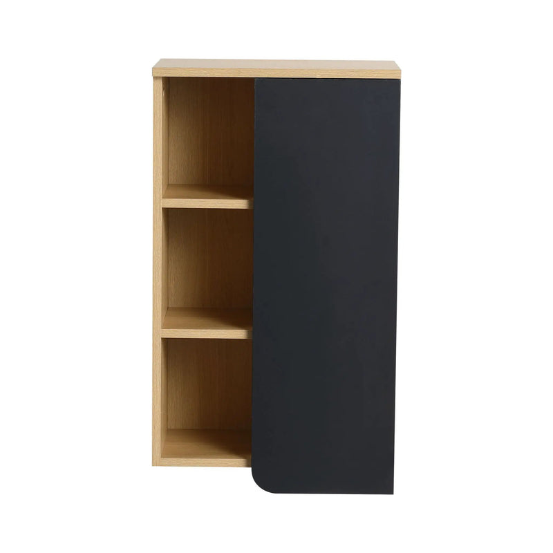 Wall Mounted Bathroom Side Cabinet, Single Door With 3 Tier Open Shelves - Black / Light Oak / White by HouseOfZazla