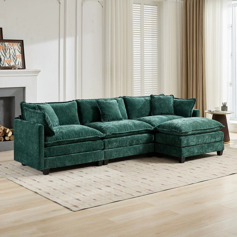 Cloud 3 Seats Sofa (Ottoman is not included) Chenille Fabric in Green by BLAKHOM