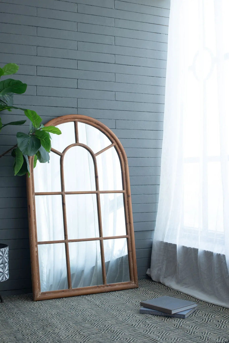 Large Arched Accent Mirror With Frame With Decorative Window Look Classic Architecture Style Solid Fir Wood Interior Decor - Brown by HouseOfZazla