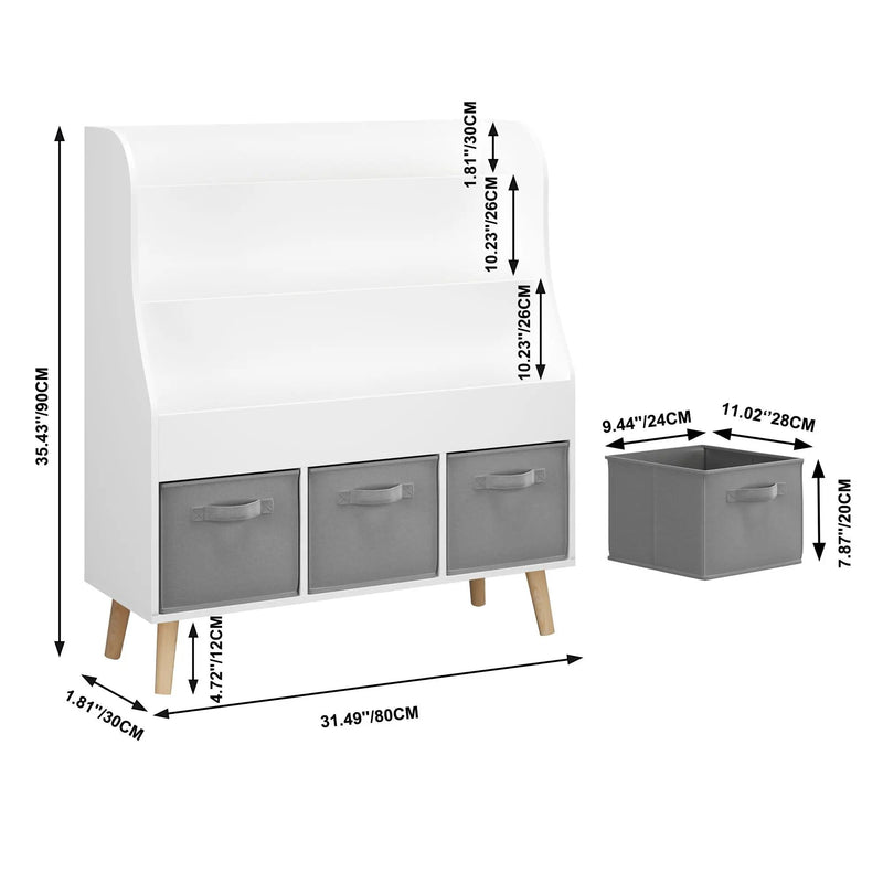 Bookshelf With 3 Storage Bins, Book Display Organizer, Front Facing Book Rack - White by HouseOfZazla