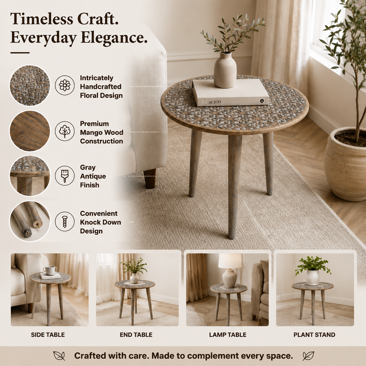 Handcrafted Mango Wood Round Accent Table with Intricate Carving - Gray Antique Wash, photo 7 of 7