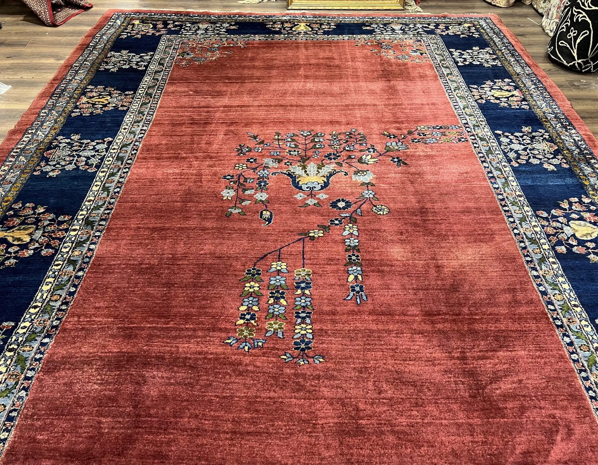 Large Persian Sarouk Rug 10x17, Open Field, Red and Navy Blue, Palace Sized Oversized Hand Knotted Wool Oriental Carpet Flowers Vases Antique 1920s by Jewel Rugs