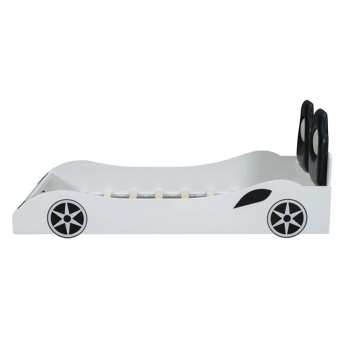 Race Car Shaped Platform Bed With LED And Upholstered Backrest In by HouseOfZazla