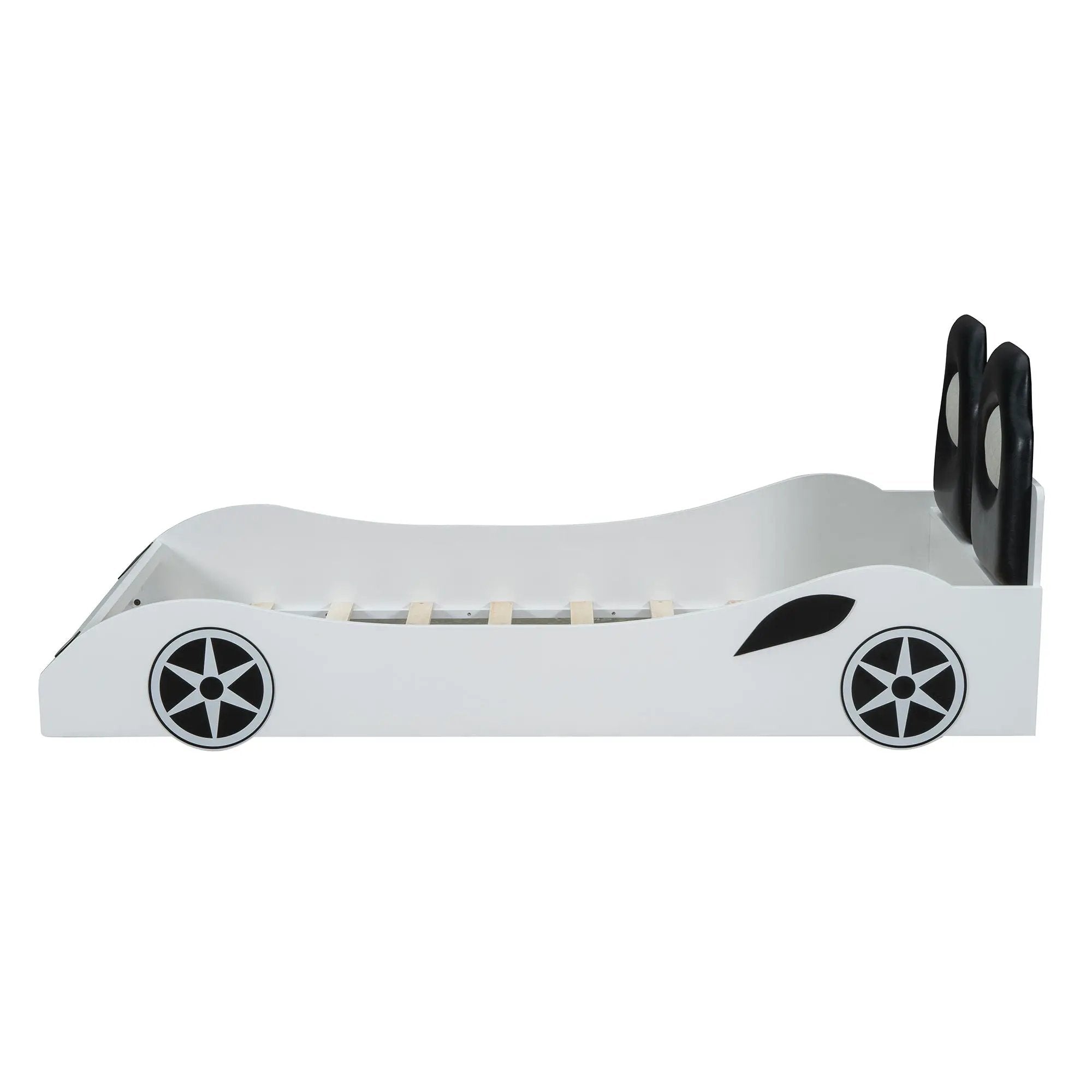 Race Car Shaped Platform Bed With LED And Upholstered Backrest In by HouseOfZazla