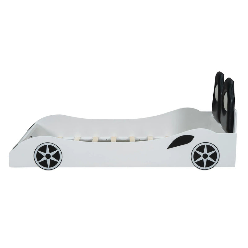 Race Car Shaped Platform Bed With LED And Upholstered Backrest In by HouseOfZazla