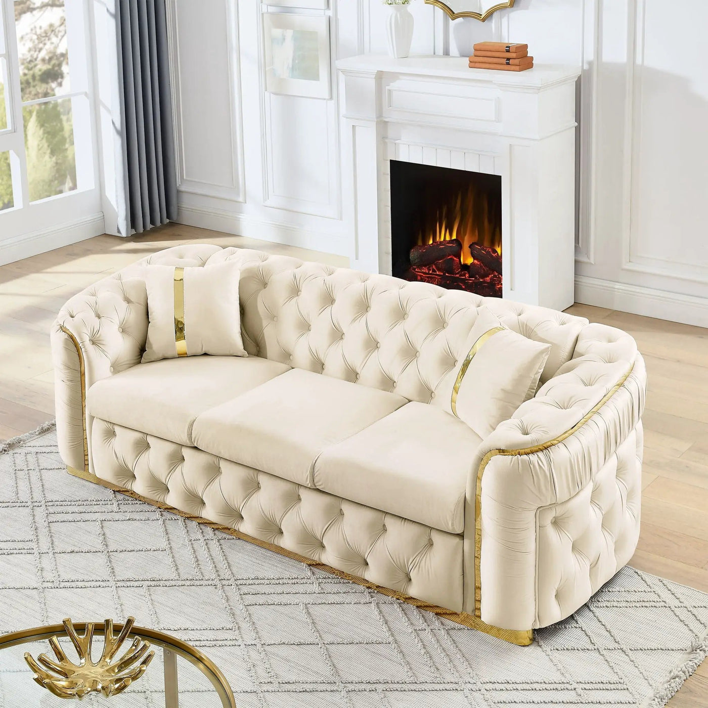 Button Tufted Couch With 2 Pillows, 3 Seater Luxury Chesterfield Sofa by Unique Piece Furniture