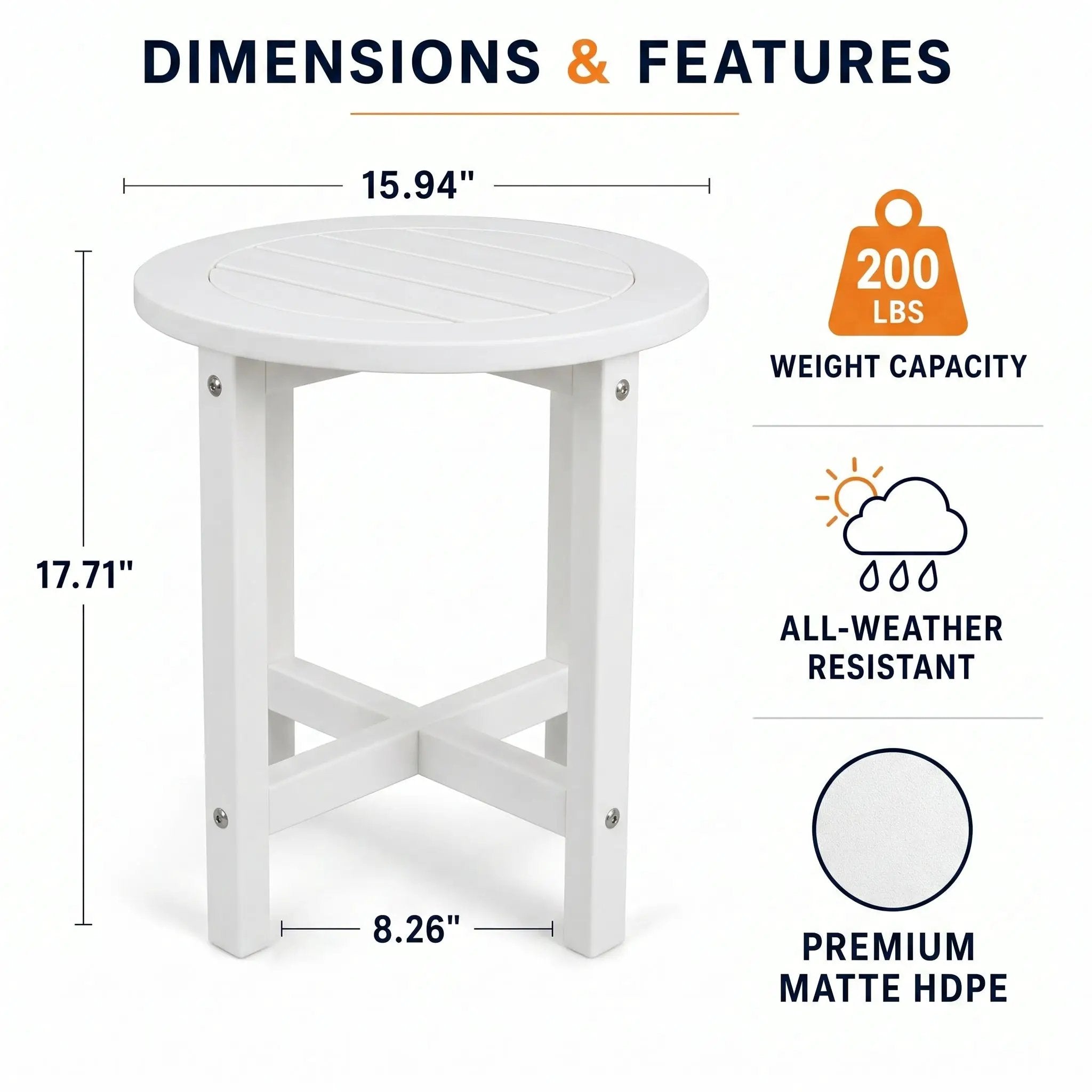 White HDPE Outdoor Side Table, 16 in. Round All-Weather Patio End Table by HouseOfZazla