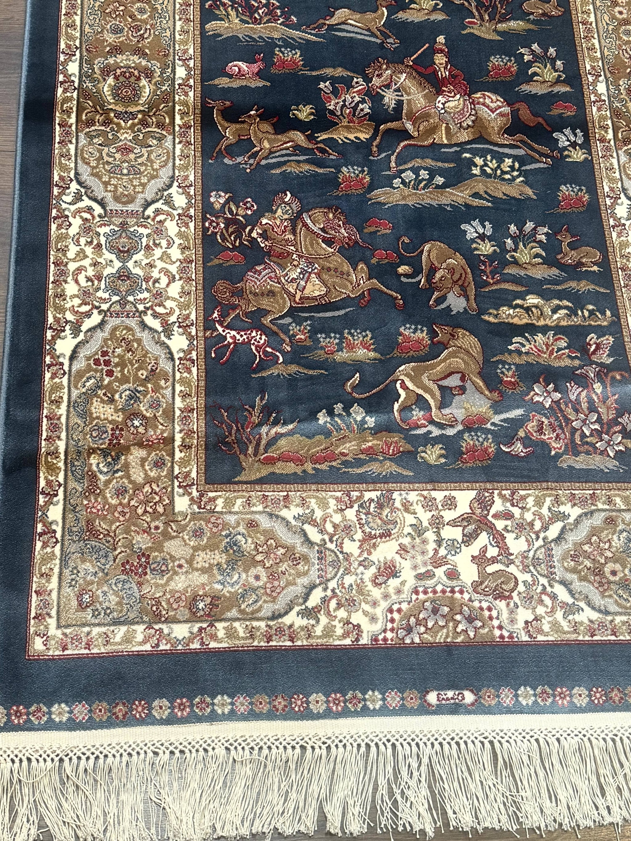 Turkish Silk Hunting Scene Rug 2.6 x 5, Dark Steel Blue & Ivory, Bamboo Silk, New by Jewel Rugs