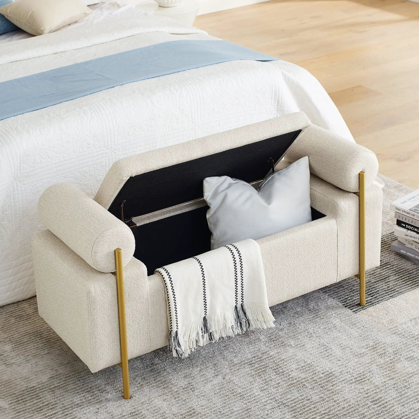Elegant Upholstered Storage Bench With Cylindrical Arms And Iron Legs, by HouseOfZazla