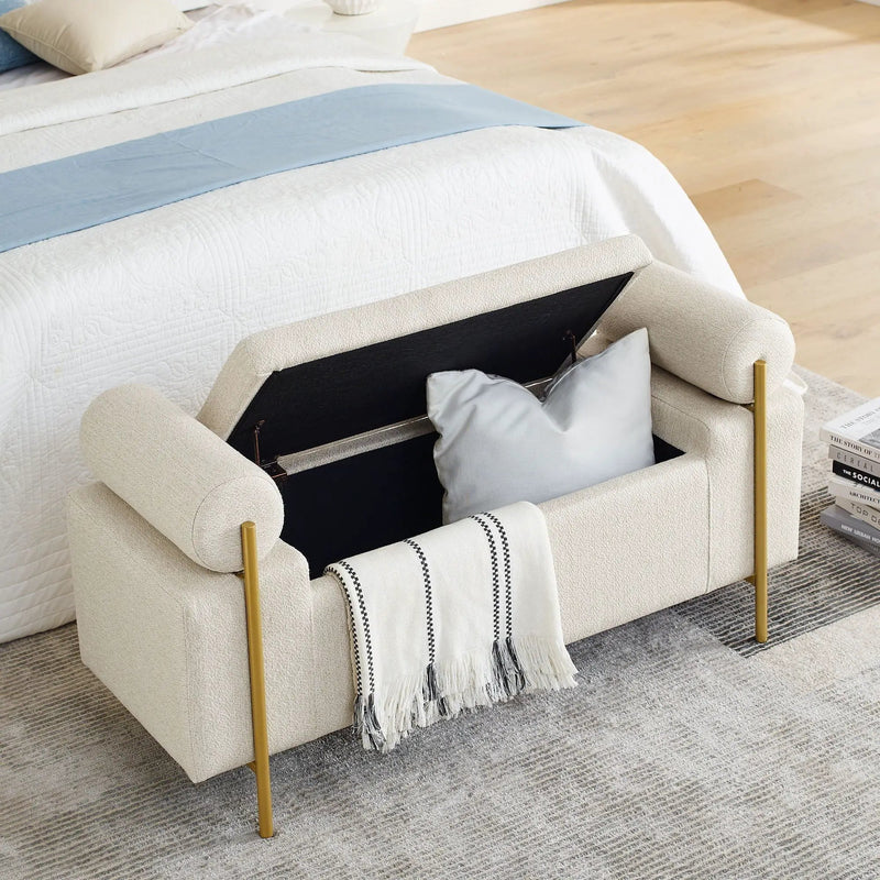 Elegant Upholstered Storage Bench With Cylindrical Arms And Iron Legs, by HouseOfZazla