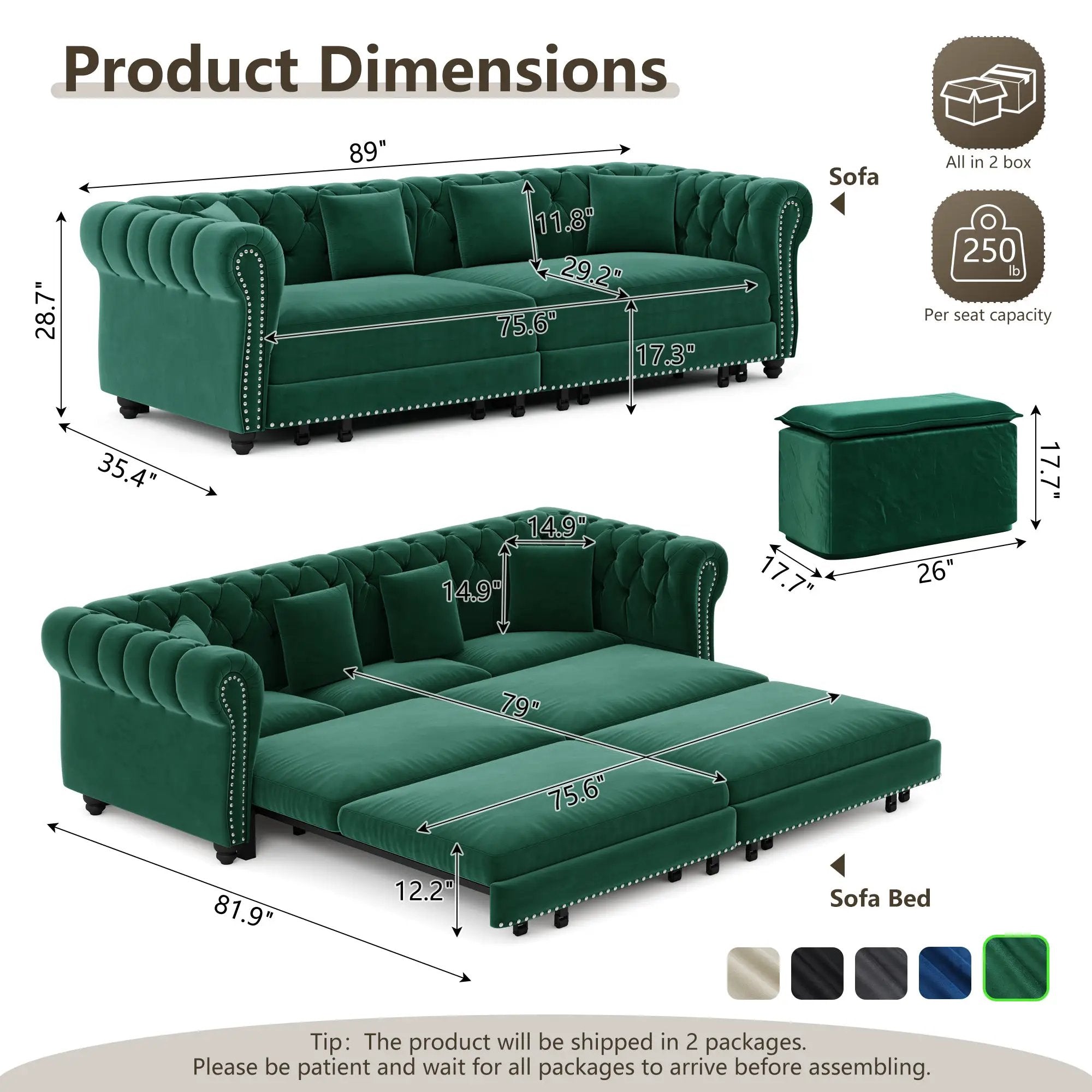 Chesterfield 3-in-1 Pull-Out Sofa Bed - Green by HouseOfZazla