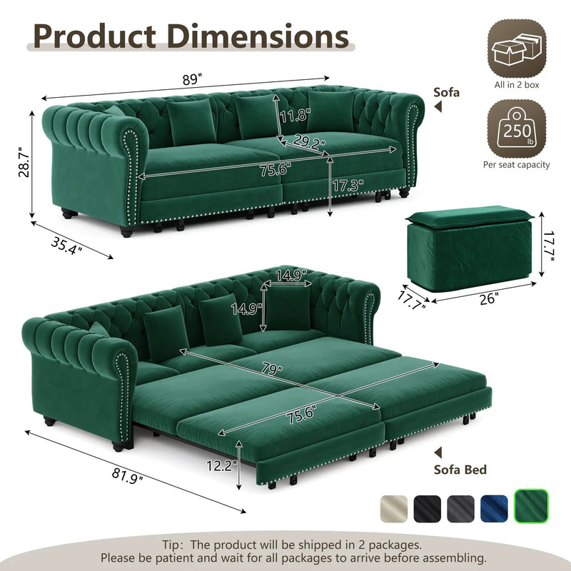 Chesterfield 3-in-1 Pull-Out Sofa Bed - Green by HouseOfZazla