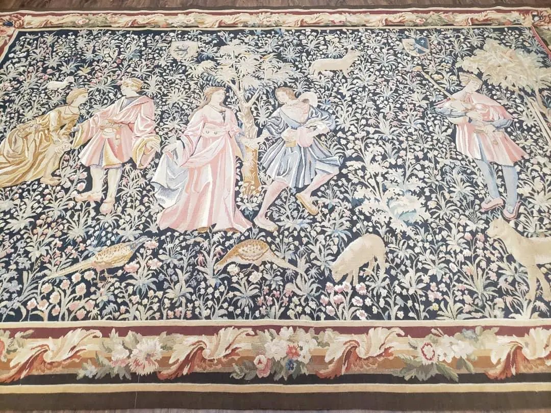 Vintage European Tapestry 5.4 x 7.11, Antique Style European Wall Hanging, Aubusson Weave Handmade Tapestry, Courtship Dating Scene, Animals by Jewel Rugs