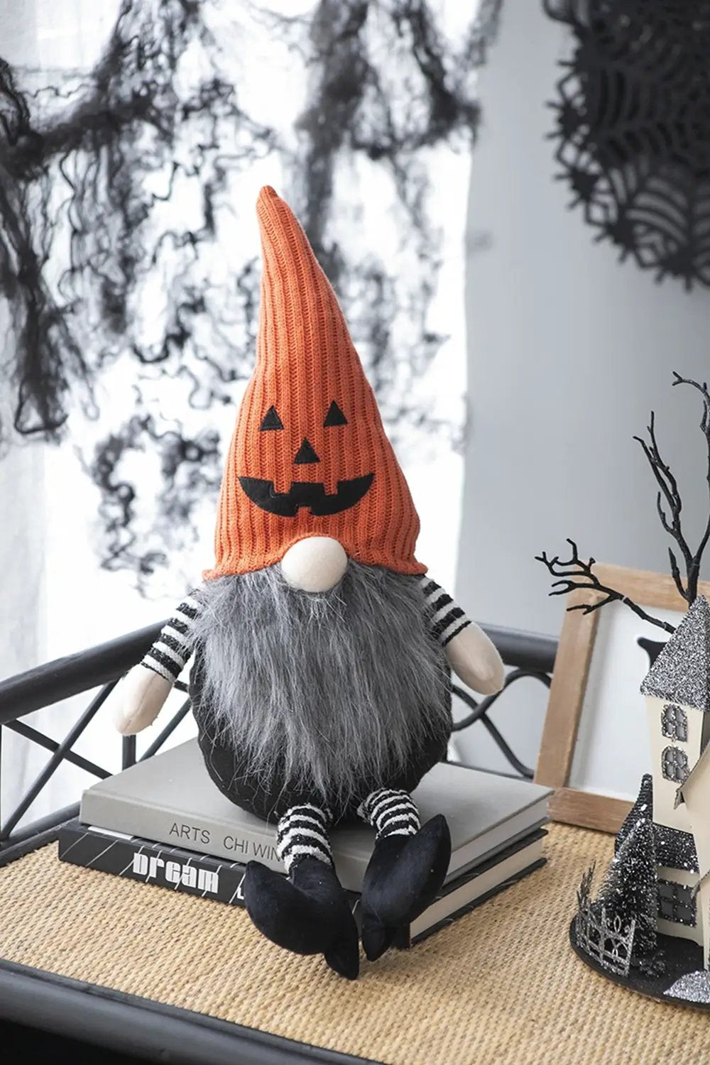 23.5" Seated Jack-O'-Lantern Gnome With Striped Limbs and Faux Fur Beard by HouseOfZazla
