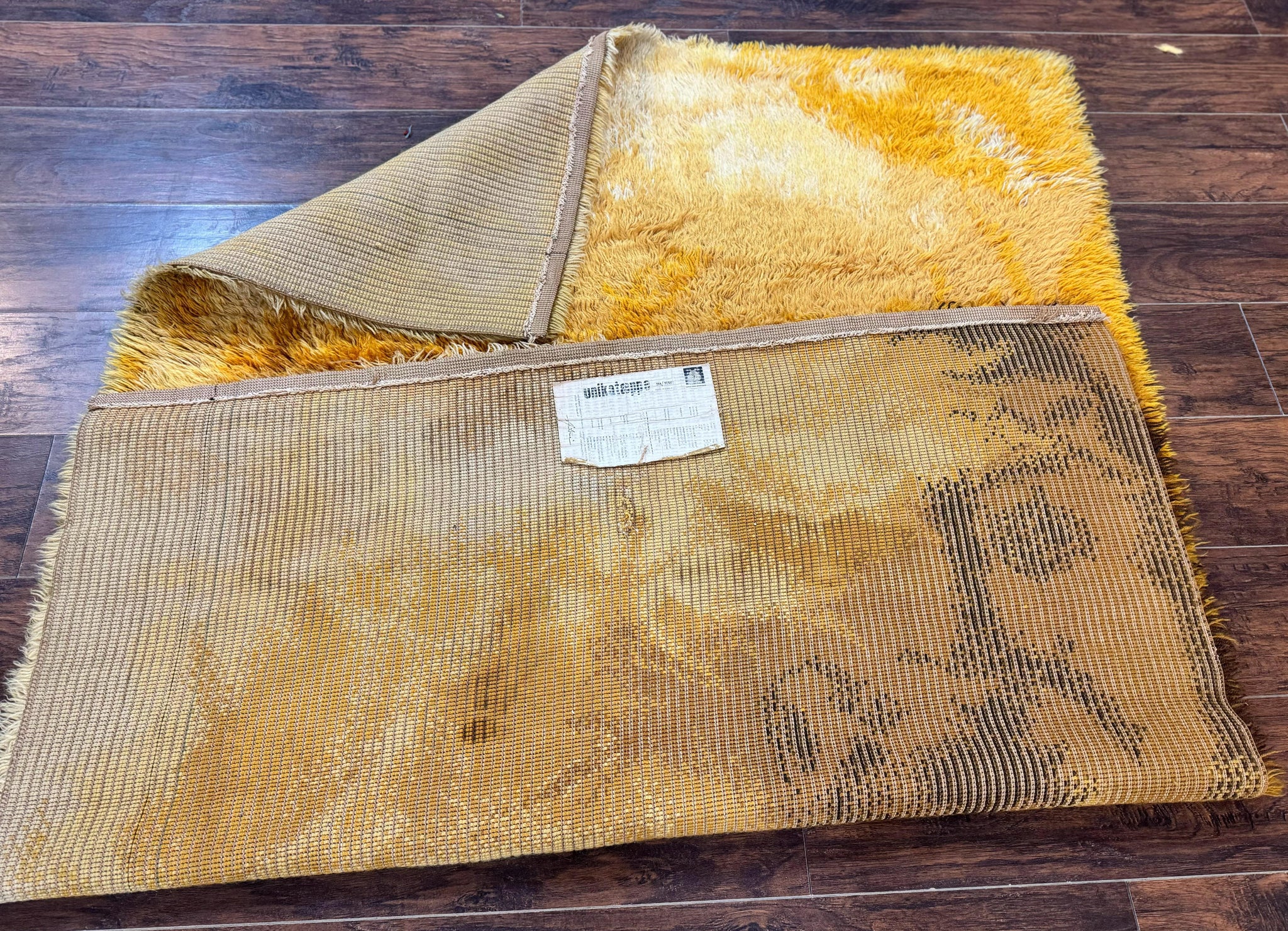 Rya Shag Rug 4.6 x 6, Shades of Yellow, Mid Century Vintage Carpet by Jewel Rugs