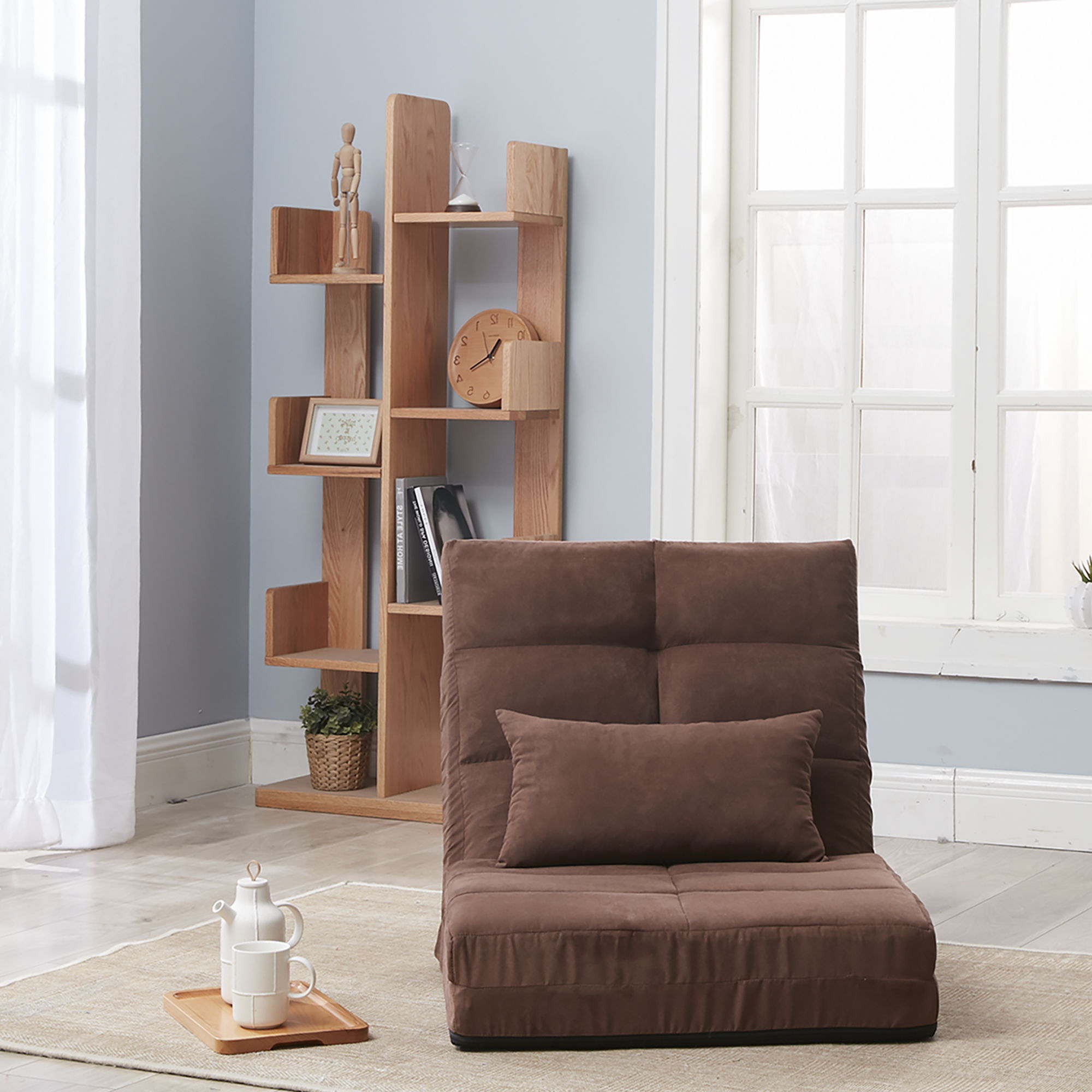 Modern Triple Fold Down Metal Frame Sofa Bed With 5 Reclining Positions And Pillow - Adjustable Upholstered Floor Couch For Gaming Or Guest Room - Brown by Unique Piece Furniture