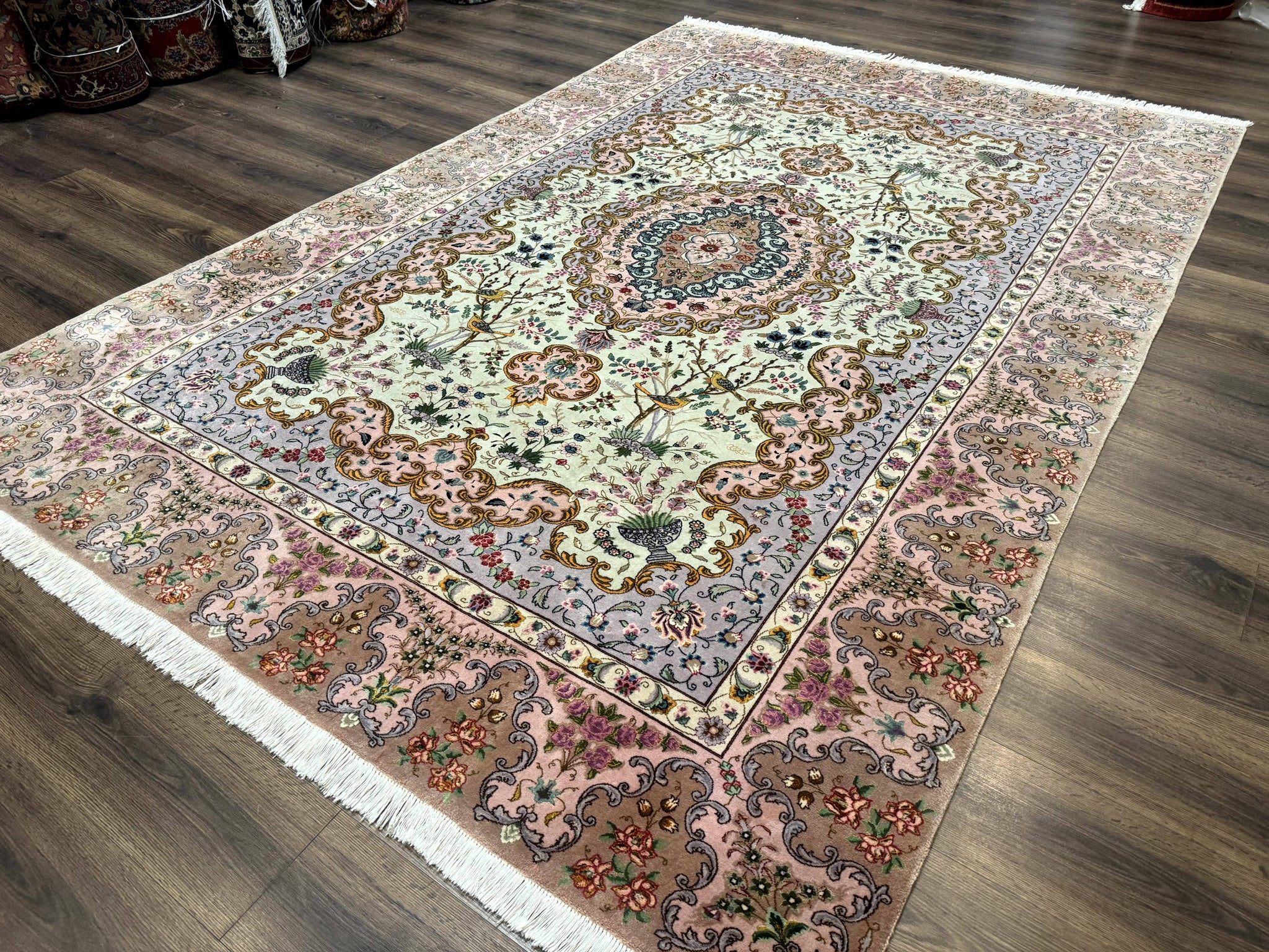 Wonderful Persian Tabriz Rug 7x10, Very Fine 330 KPSI, Light Green Light Blue Pink, Kork Wool Silk Foundation, Bird Pictorials by Jewel Rugs