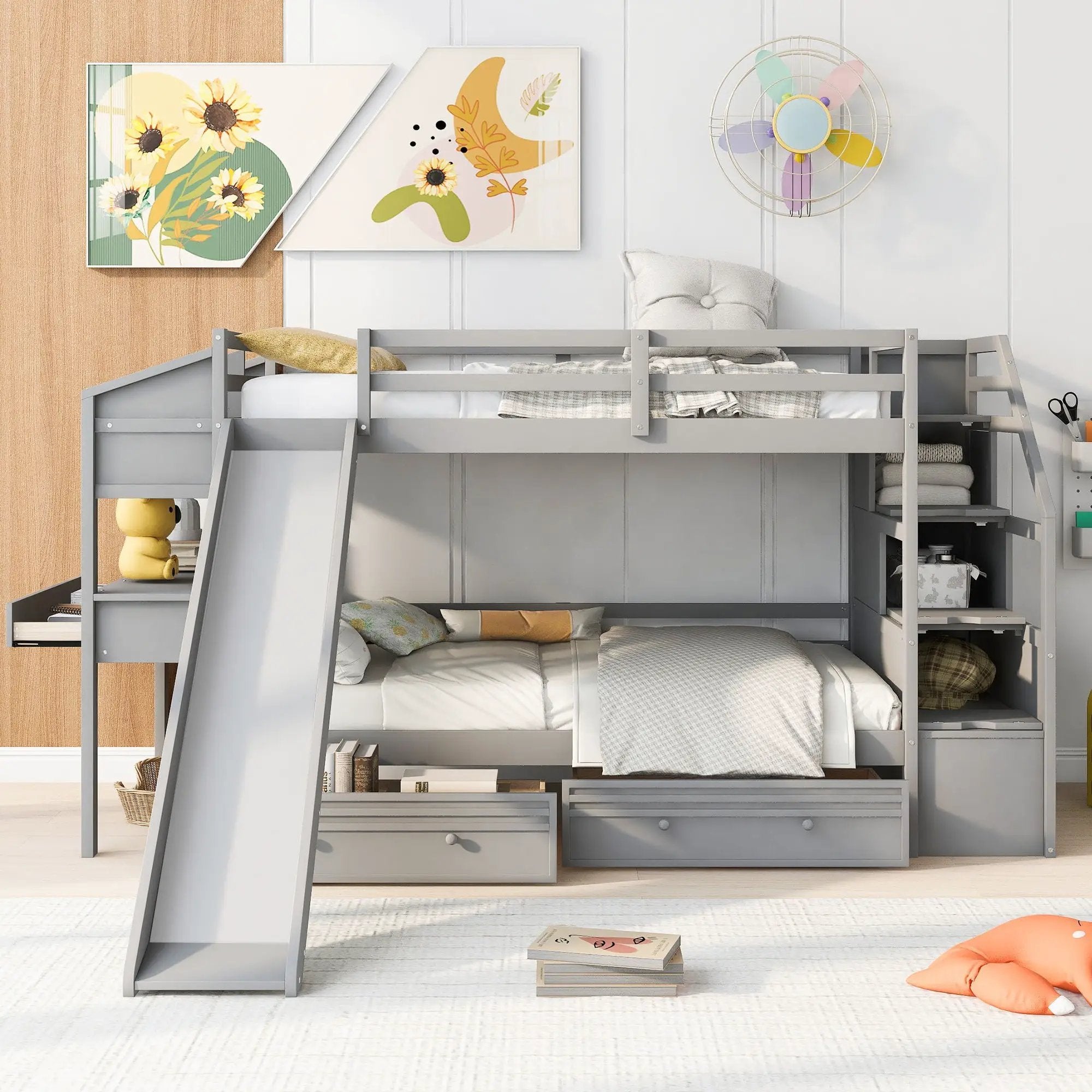 Bunk Bed With Storage Staircase, Slide, Desk, Drawers, And Shelves by Unique Piece Furniture