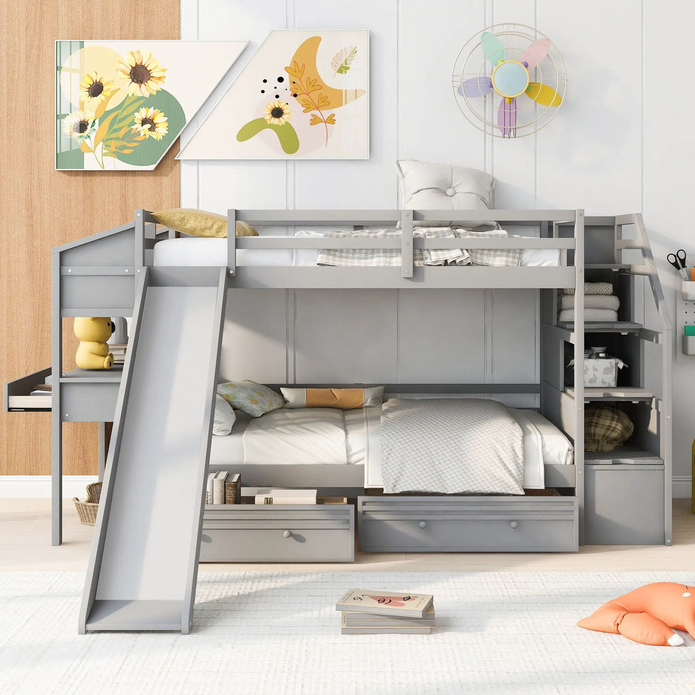 Bunk Bed With Storage Staircase, Slide, Desk, Drawers, And Shelves by HouseOfZazla