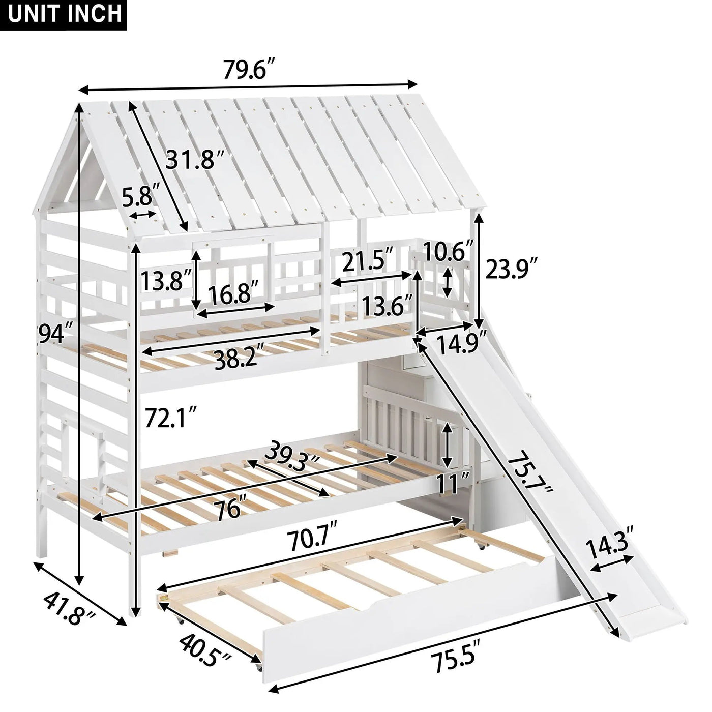 House Bunk Bed With Trundle, Storage Staircase, Roof And Window Design by HouseOfZazla