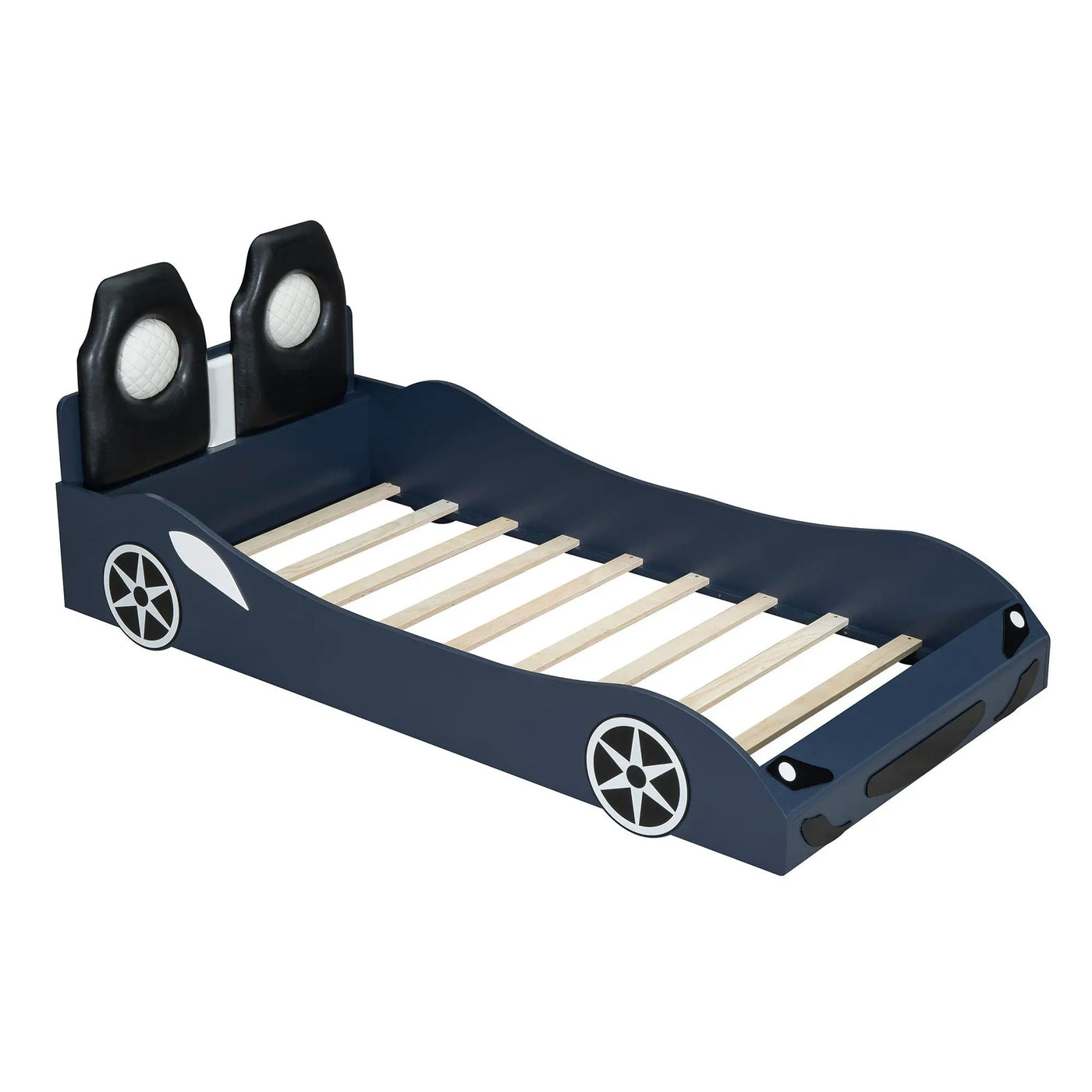 Race Car Shaped Platform Bed With LED And Upholstered Backrest In by HouseOfZazla
