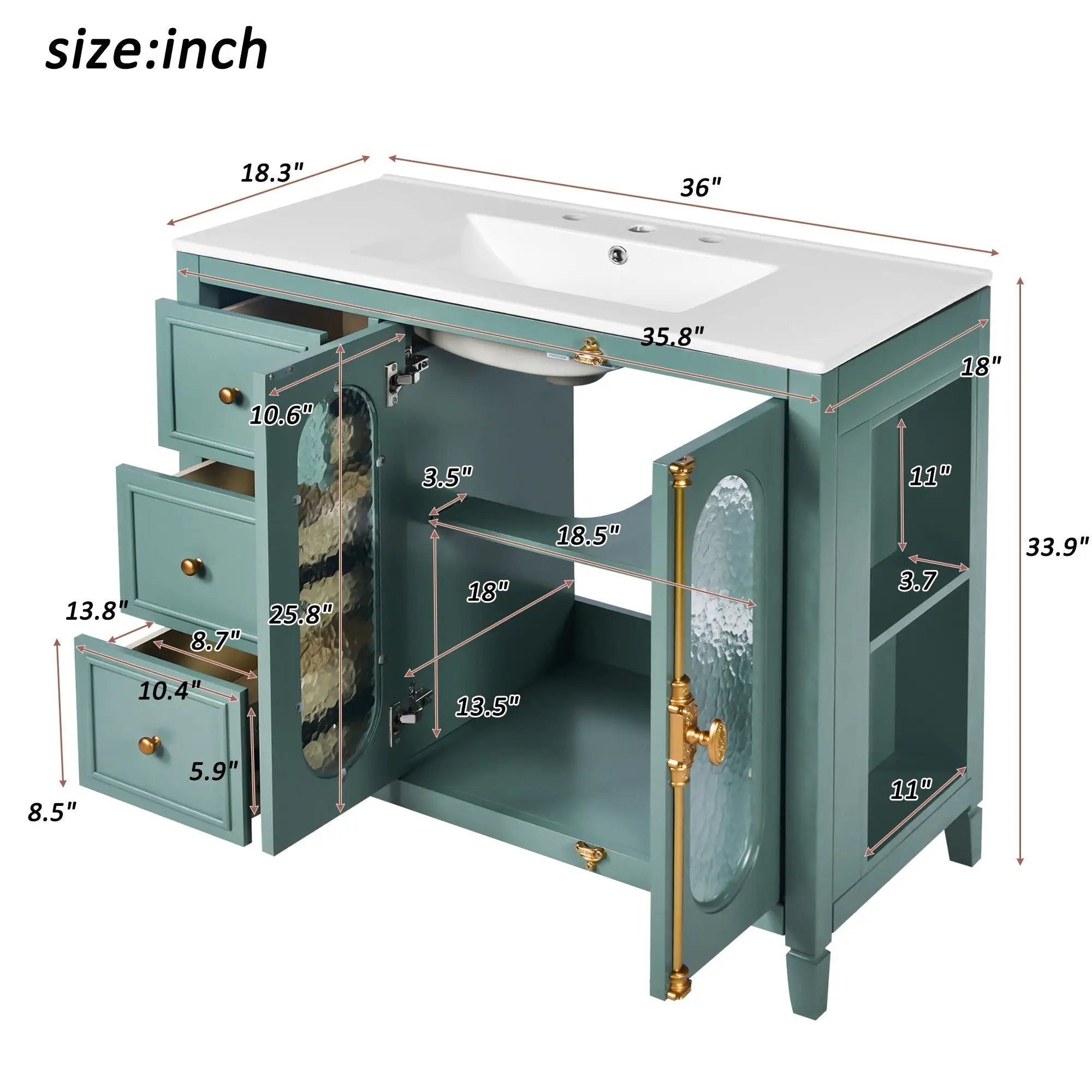 Bathroom Vanity with 3 Drawers and 2 Soft-Close Doors Cabinet - Lake Green by HouseOfZazla