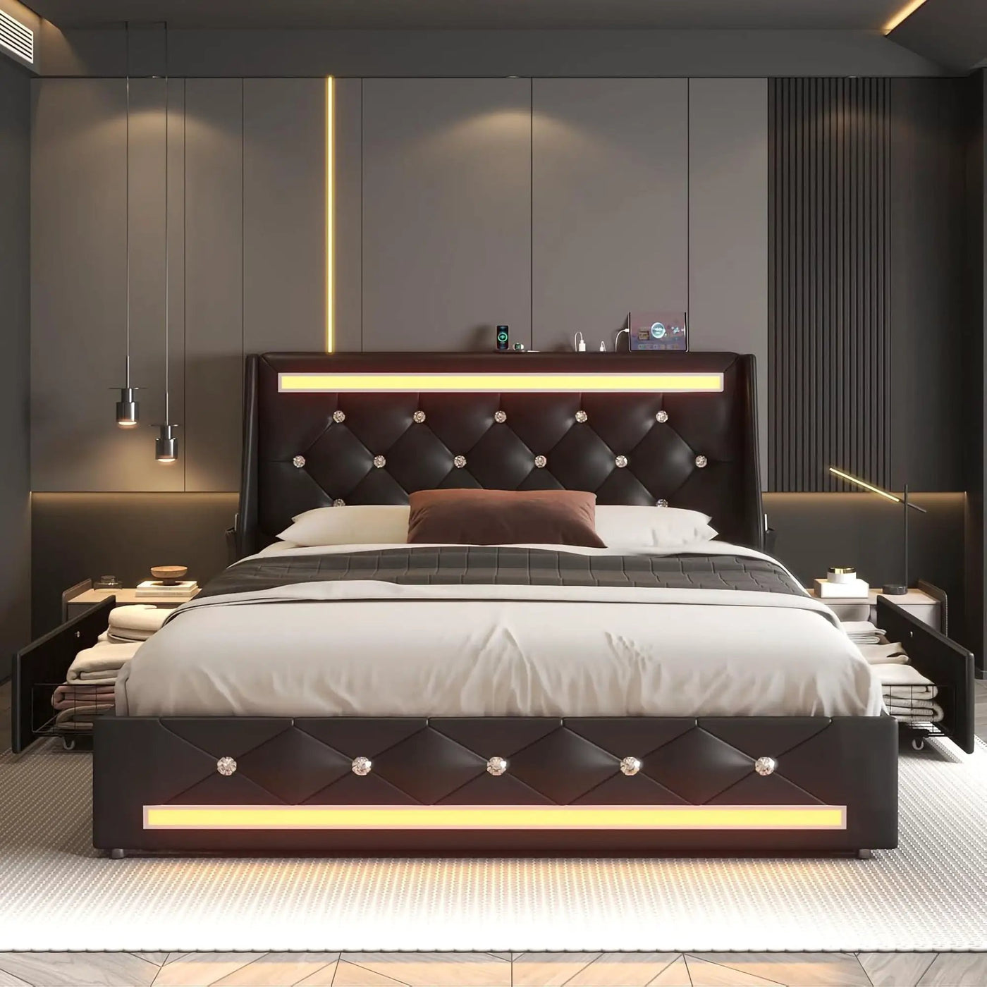 Wingback Upholstered Bed Frame With LED Lights, Charging Station by HouseOfZazla