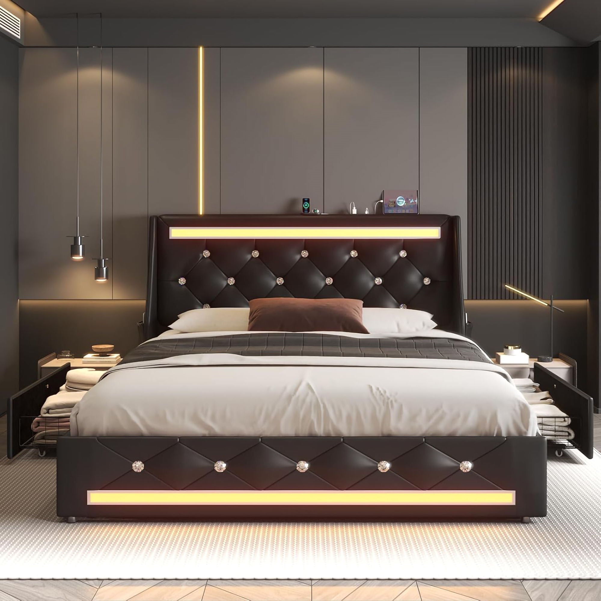 Wingback Upholstered Bed Frame With LED Lights, Charging Station by HouseOfZazla