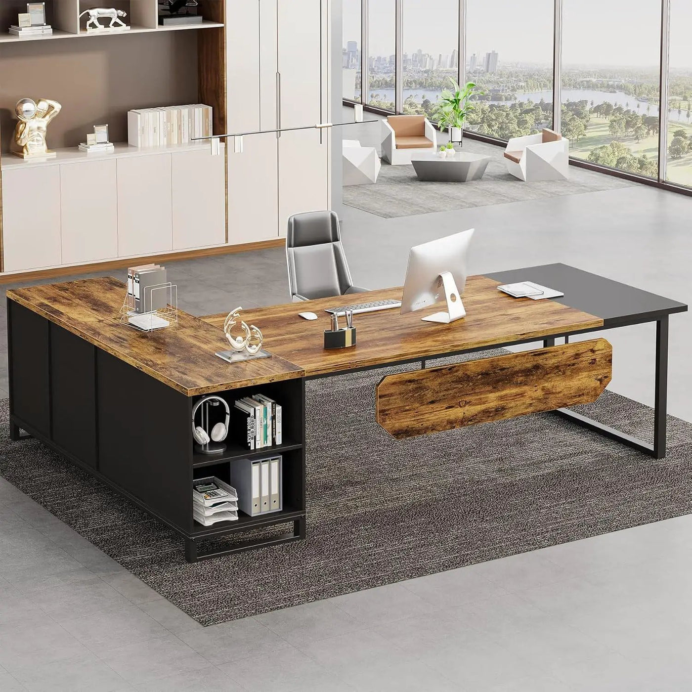 L-Shaped Executive Desk With File Cabinet, Computer Workstation With Storage by HouseOfZazla