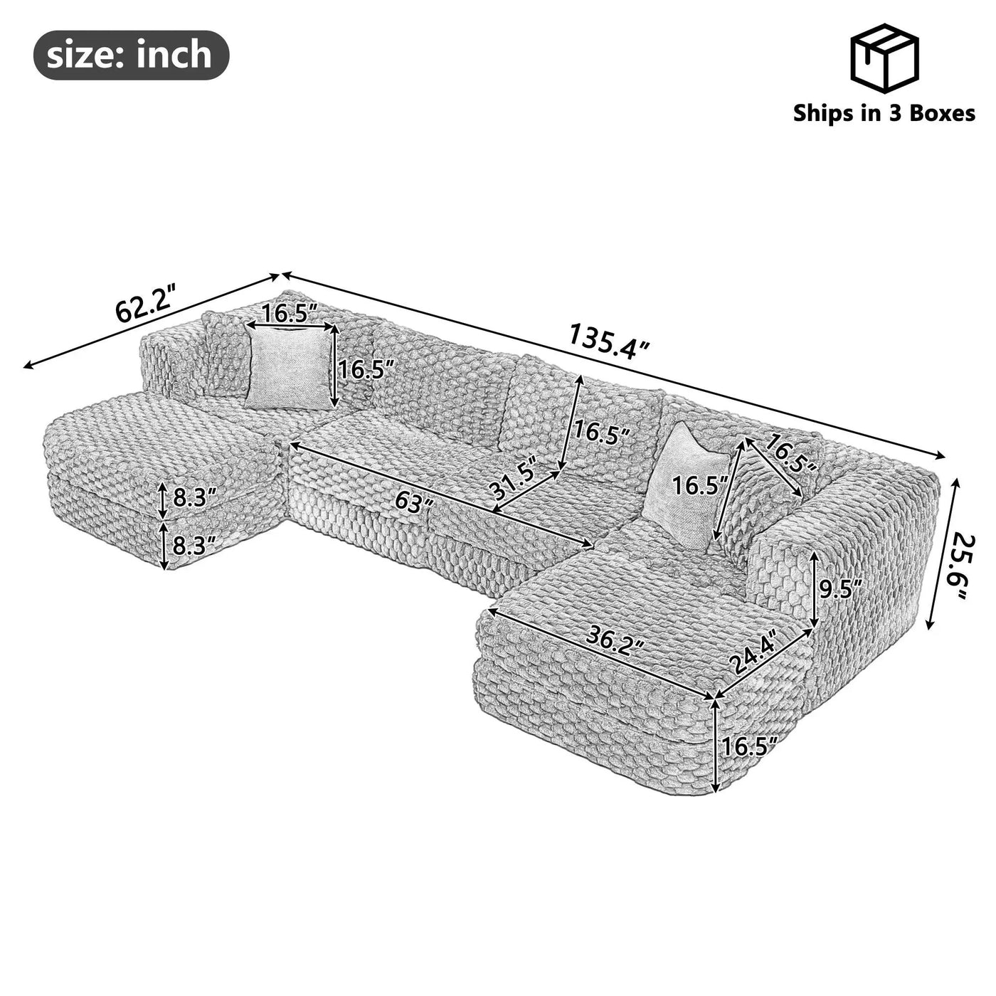 Modular Sectional Sofa, Boneless Couch With 2 Movable Ottomans by Unique Piece Furniture