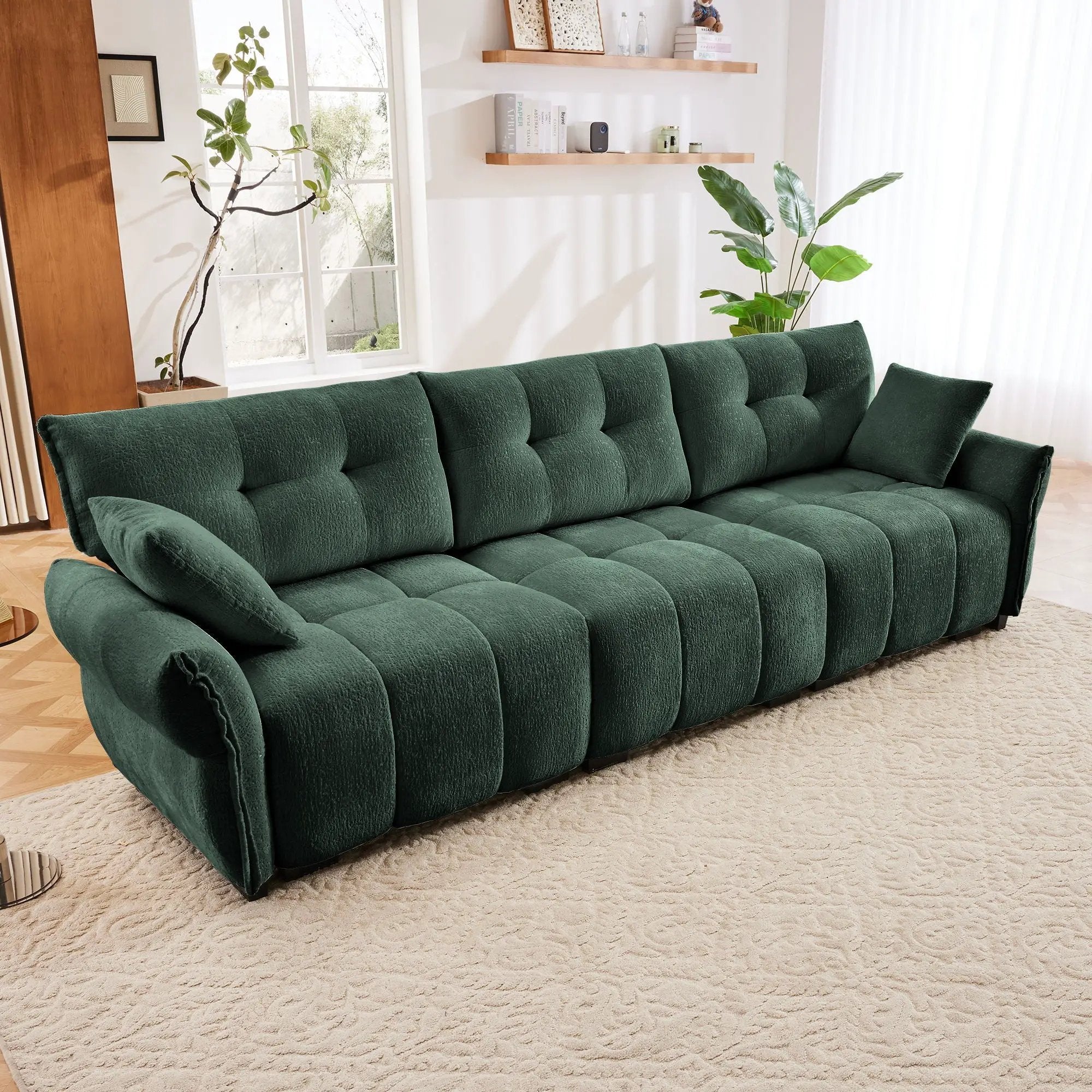 Elegant 3 Seater Sofa Set & Pillows Frame, High Rebound Cushions - Textured Green by HouseOfZazla