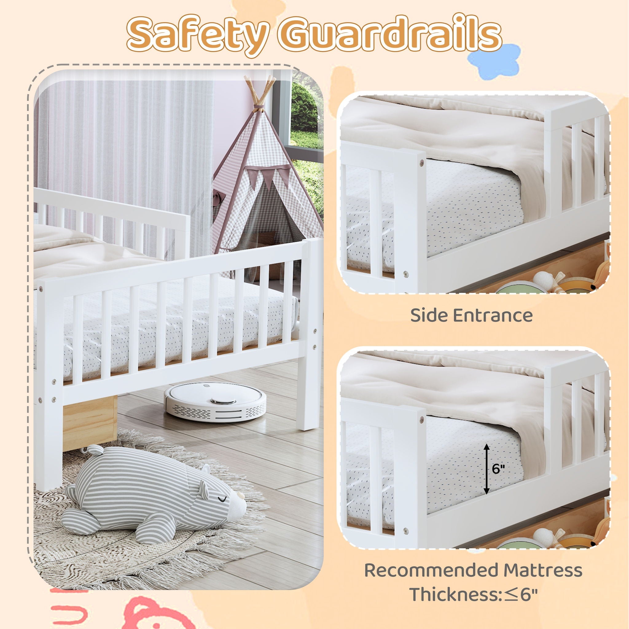 Bed With Headboard Storage Rack, 2 Under Bed Drawers, 3 Side Guardrails For Safety by HouseOfZazla
