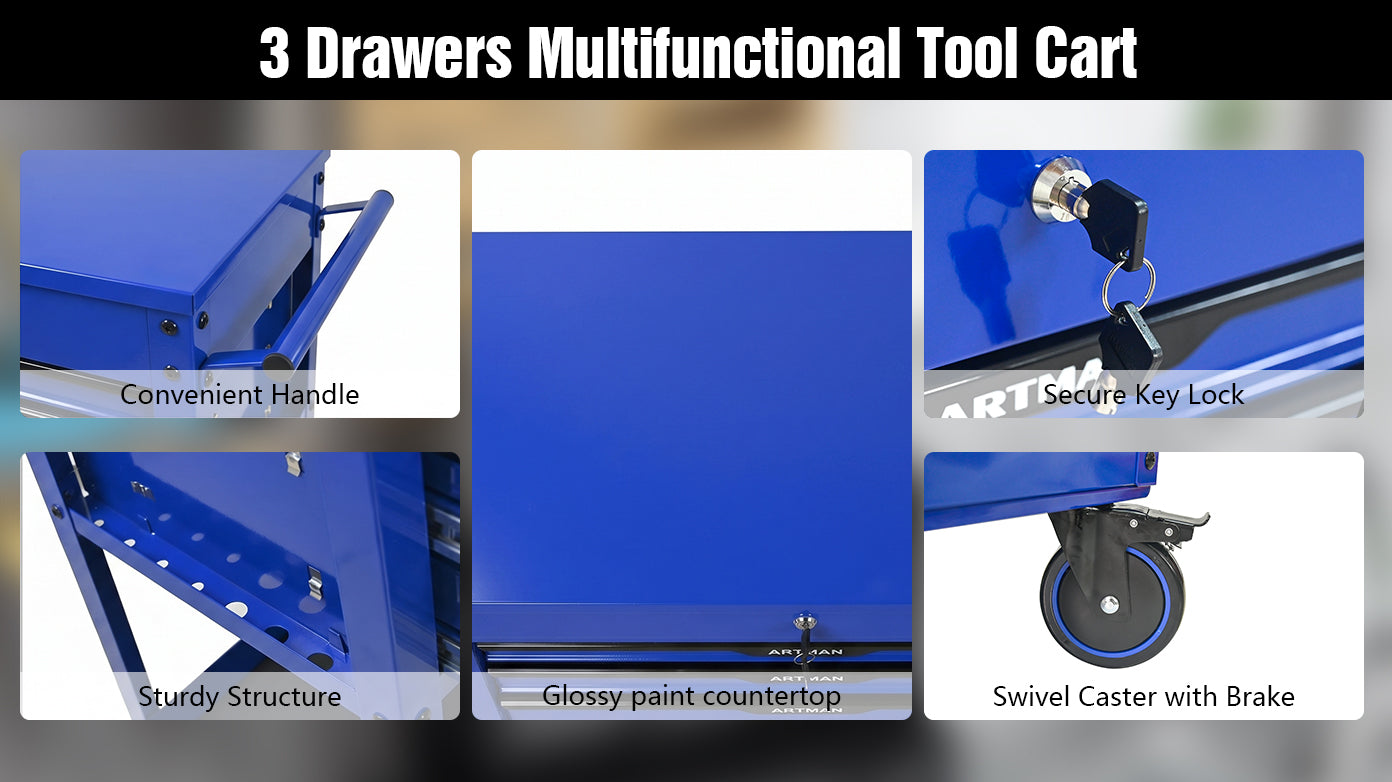 3 Drawers Multifunctional Tool Cart with Wheels and Steel Top - Blue & Black by HouseOfZazla