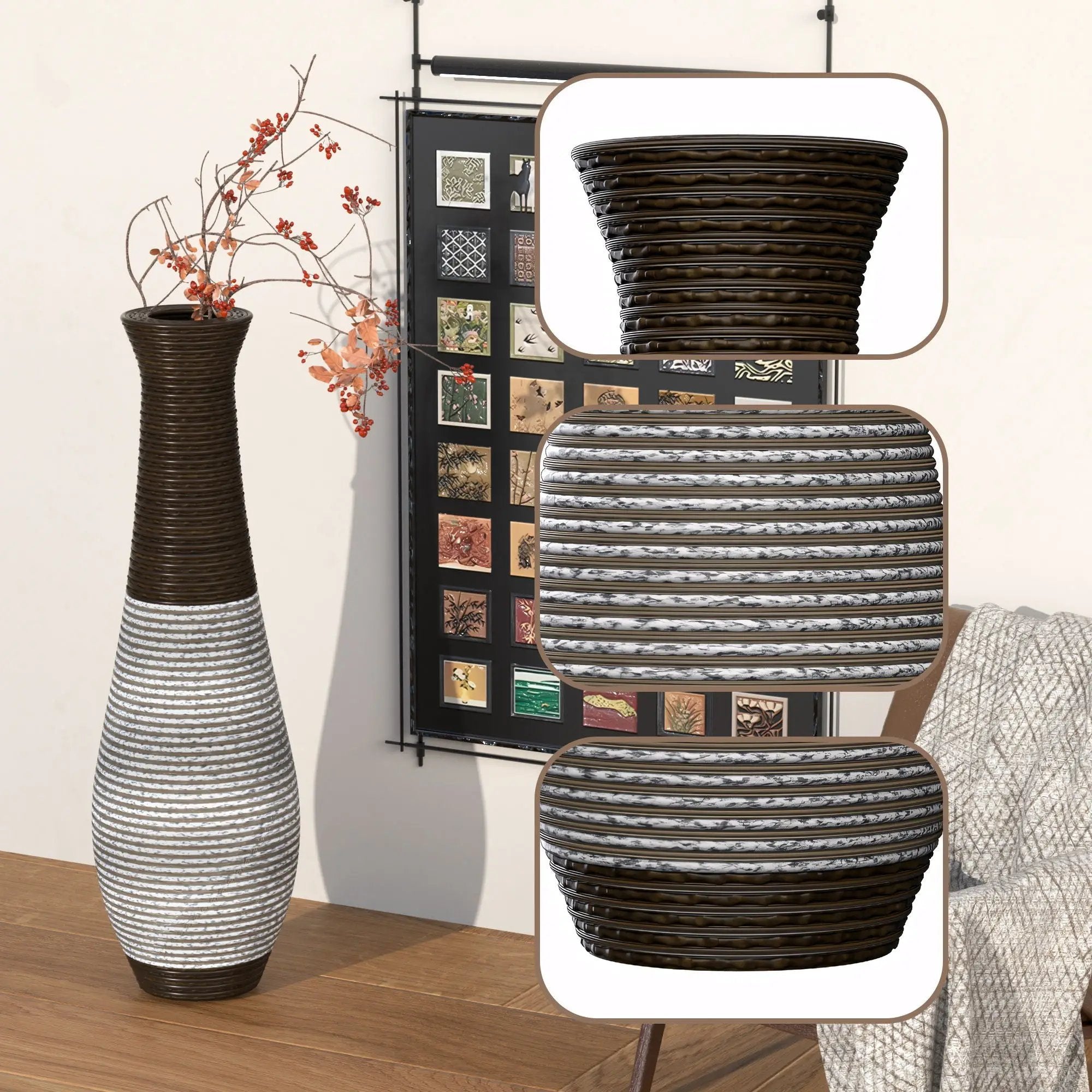 Tall Standing Designer Floor Vase Durable Artificial Rattan Elegant 2 Tone Finish Ideal Decor Accent For Living Room, Bedroom, Entryway Stylish Home Decor Statement Piece - Black / Gray by HouseOfZazla
